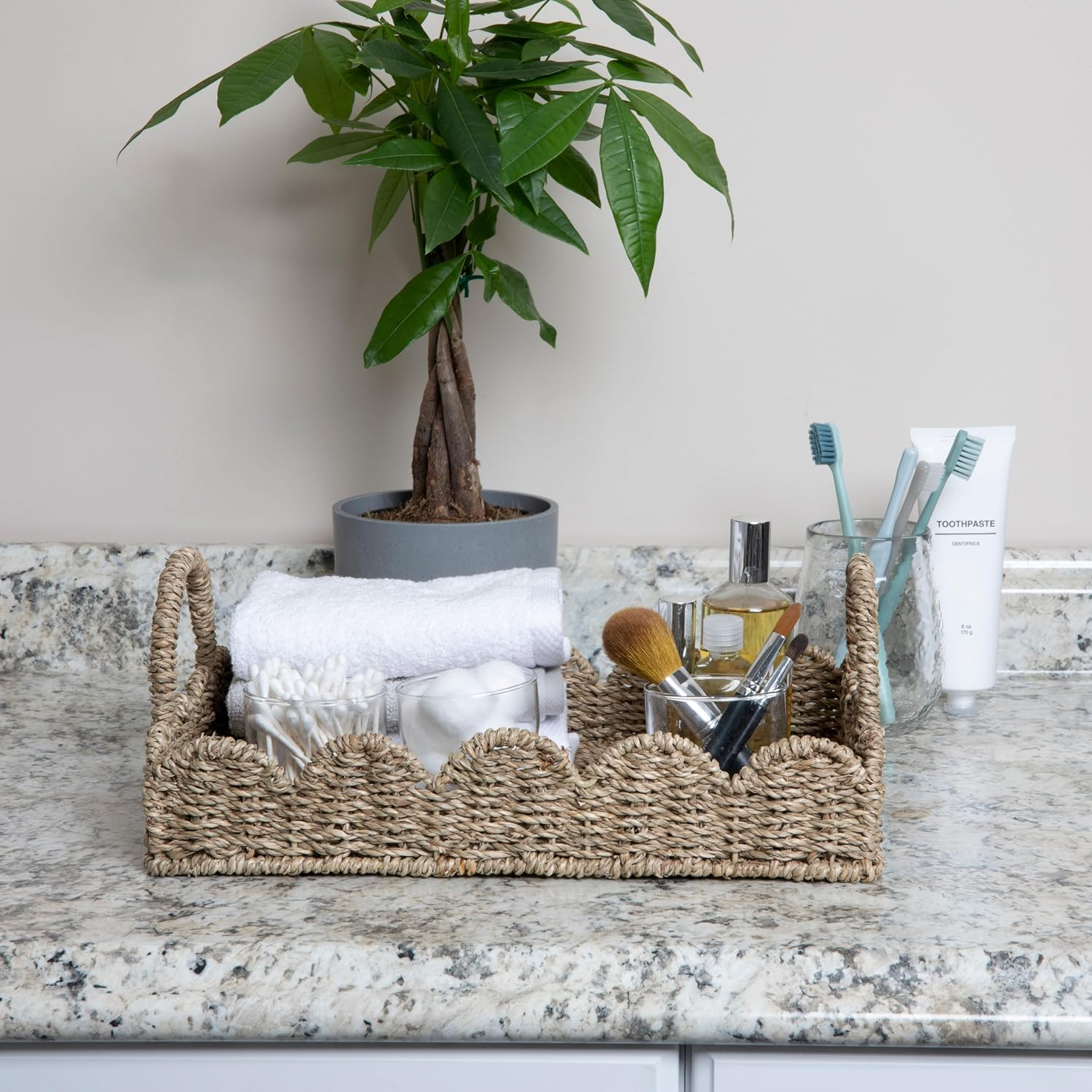 Household Essentials Handwoven Tray with Scalloped Edge and Handles, Natural image number 7