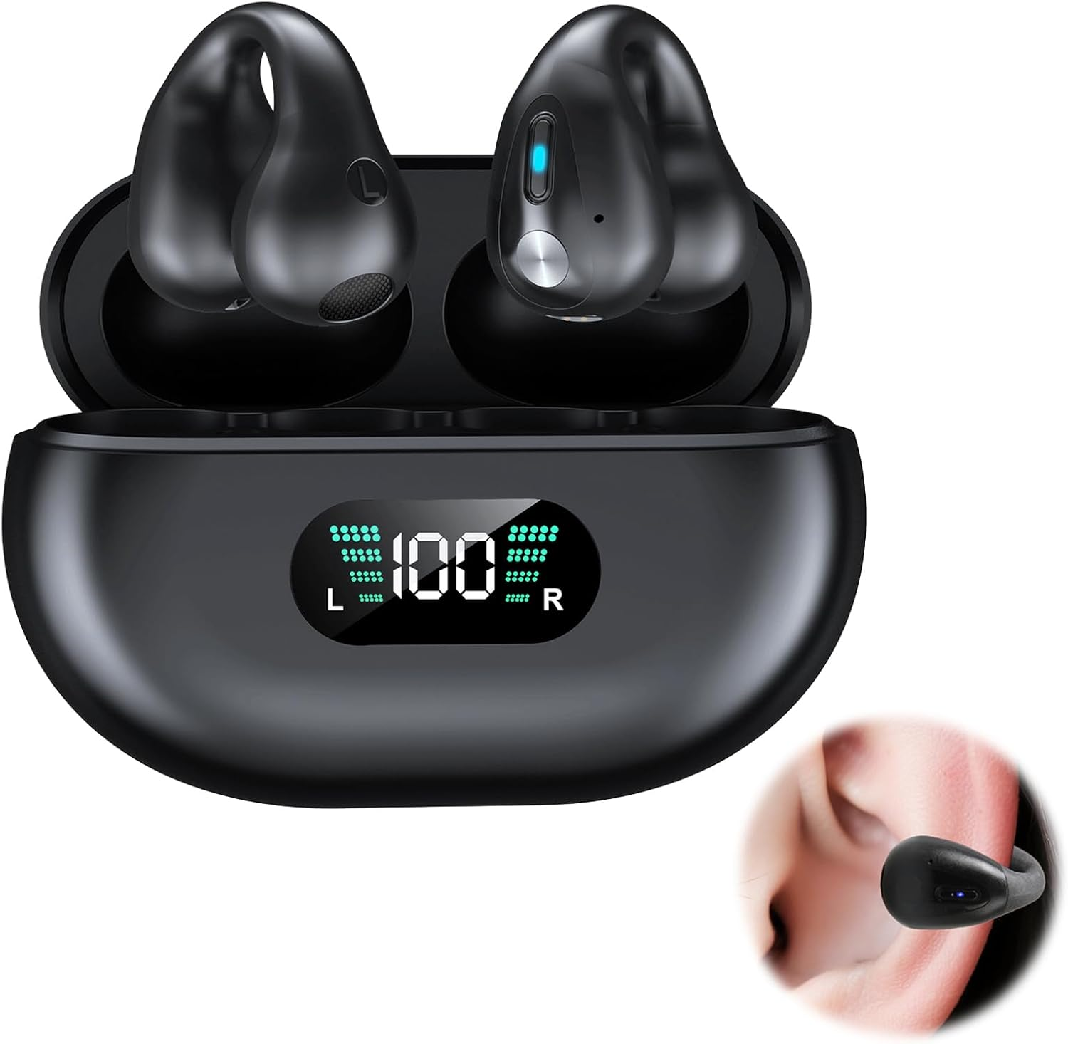 Open Ear Headphones, Bluetooth 5.3 Clip-On Open-Ear Earbuds with LED Display, 36-Hour Battery, Hi-Fi Stereo Sound, IPX4 Waterproof, Lightweight for Running, Workout, Dual Connection, No Sound Leakage image number 5