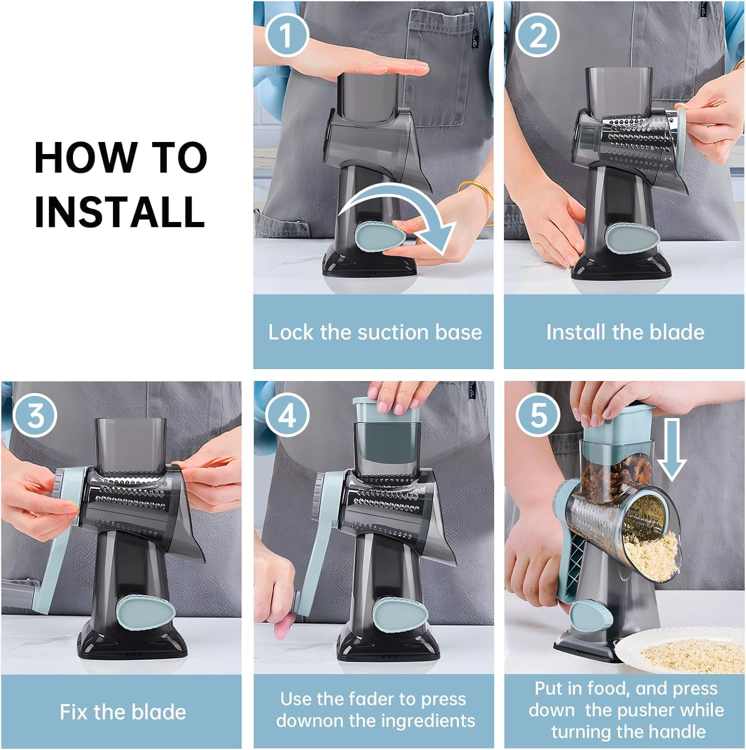 Rotary Cheese Grater with Handle,And Vegetable Shredder for Kitchen,Blades for Shredding, Grating, Slicing,Vegetable Shredder with Suction Base and Cleaning Brush image number 6