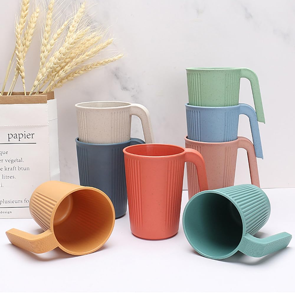 8 Pcs Wheat Straw Cup with Handle Colorful Wheat Straw Mug Stackable Plastic Coffee Cups Set 12 Oz Unbreakable Coffee Mug Reusable Plastic Mug Dishwasher Safe for Coffee Milk Tea