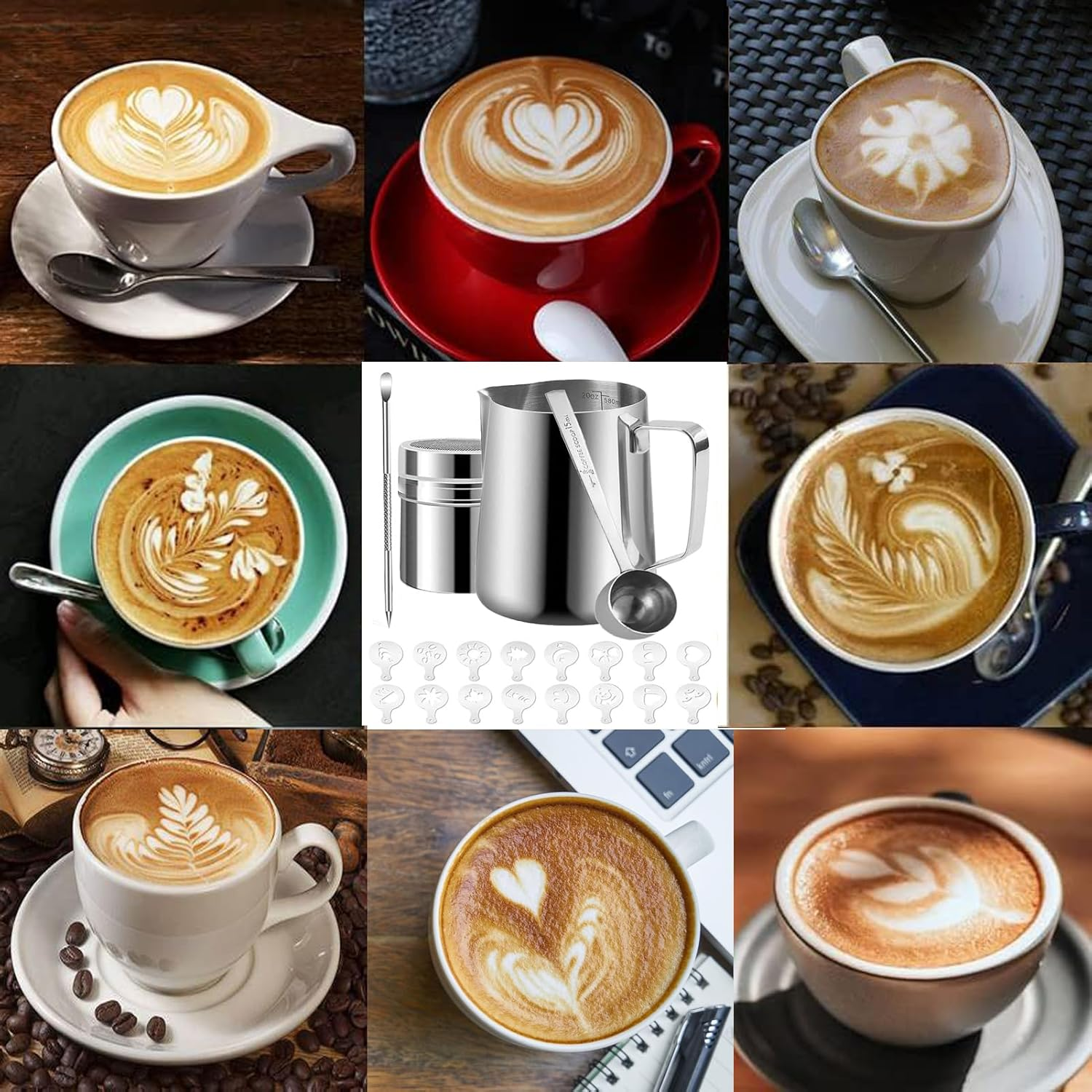 Milk Frothing Pitcher,20Oz/600Ml Milk Frother Cup Set,Stainless Steel Espresso Milk Steaming Pitcher,Stainless Steel Powder Shaker with Lid,16Pieces Coffee Decorating Stencils,Decorating Art Pen image number 1