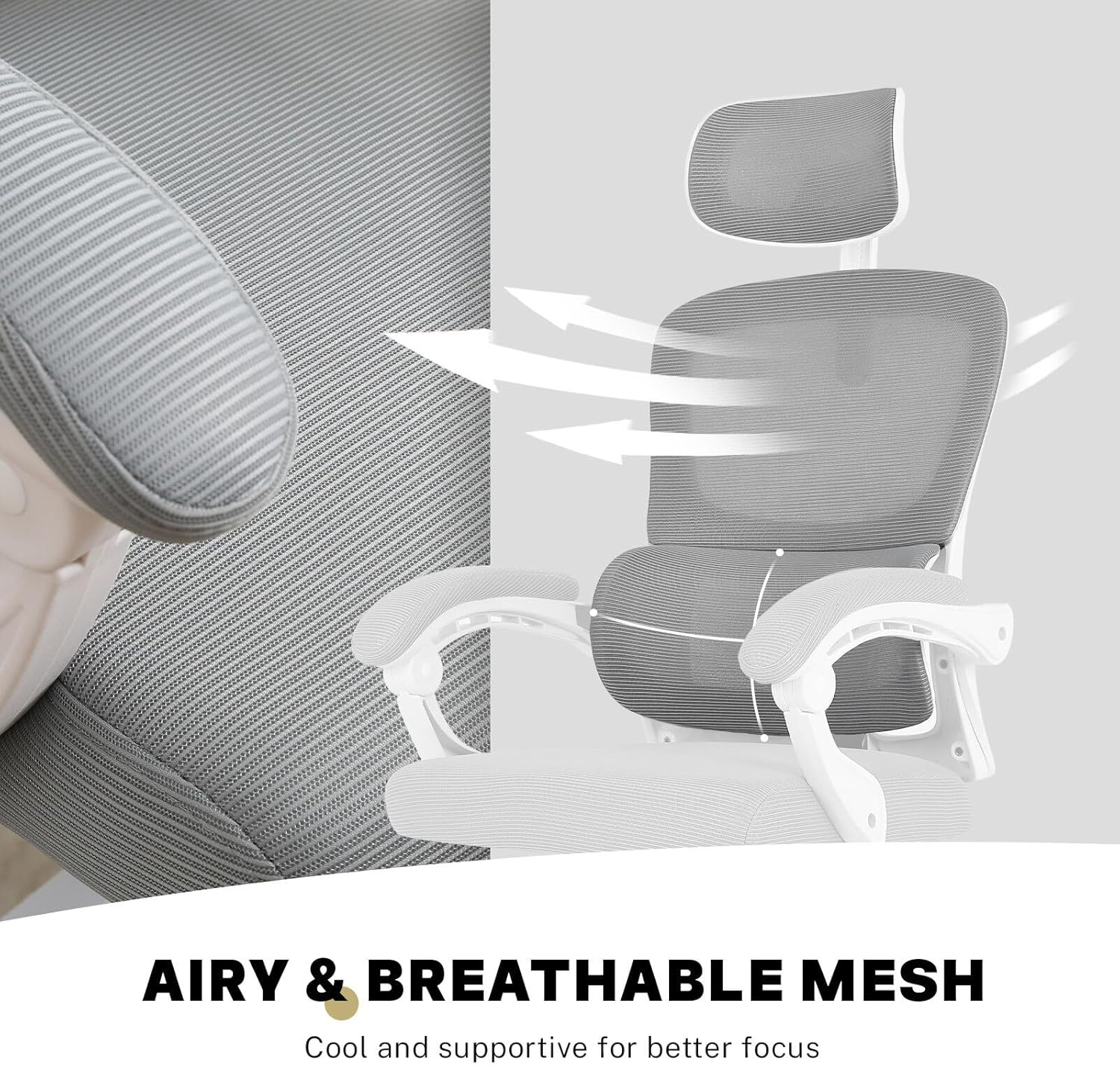 La Bella VELTRA Office Chair - Grey Ergonomic Mesh Desk Chair with Lumbar Support, Padded Armrests, Adjustable Headrest & Recline Function - Grey image number 4