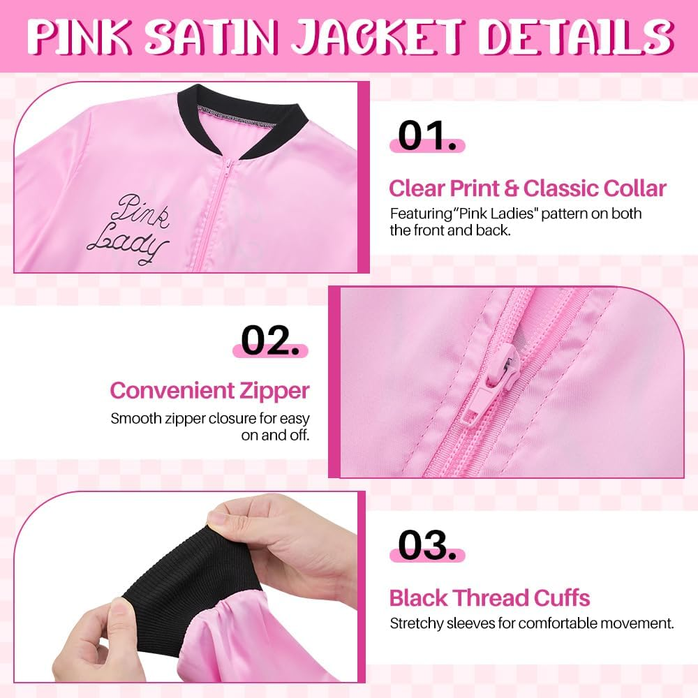 AUTOWT 1950S Pink Ladies Jacket Costume, 11PCS 50S Satin Jacket with Neck Scarf Headband Earrings Cat Eye Glasses Halloween Cosplay Accessories Set for Adults Women Dress up Party Outfit image number 2