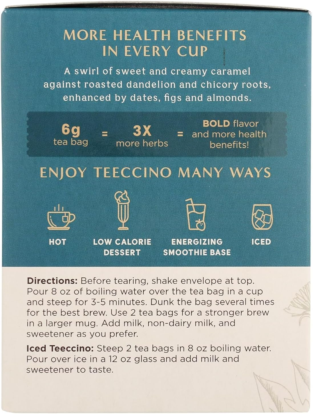 Teeccino Dandelion Caramel Nut Roasted Caffeine Free Chicory Herbal Tea 60 G, 10 Teabags image number 4