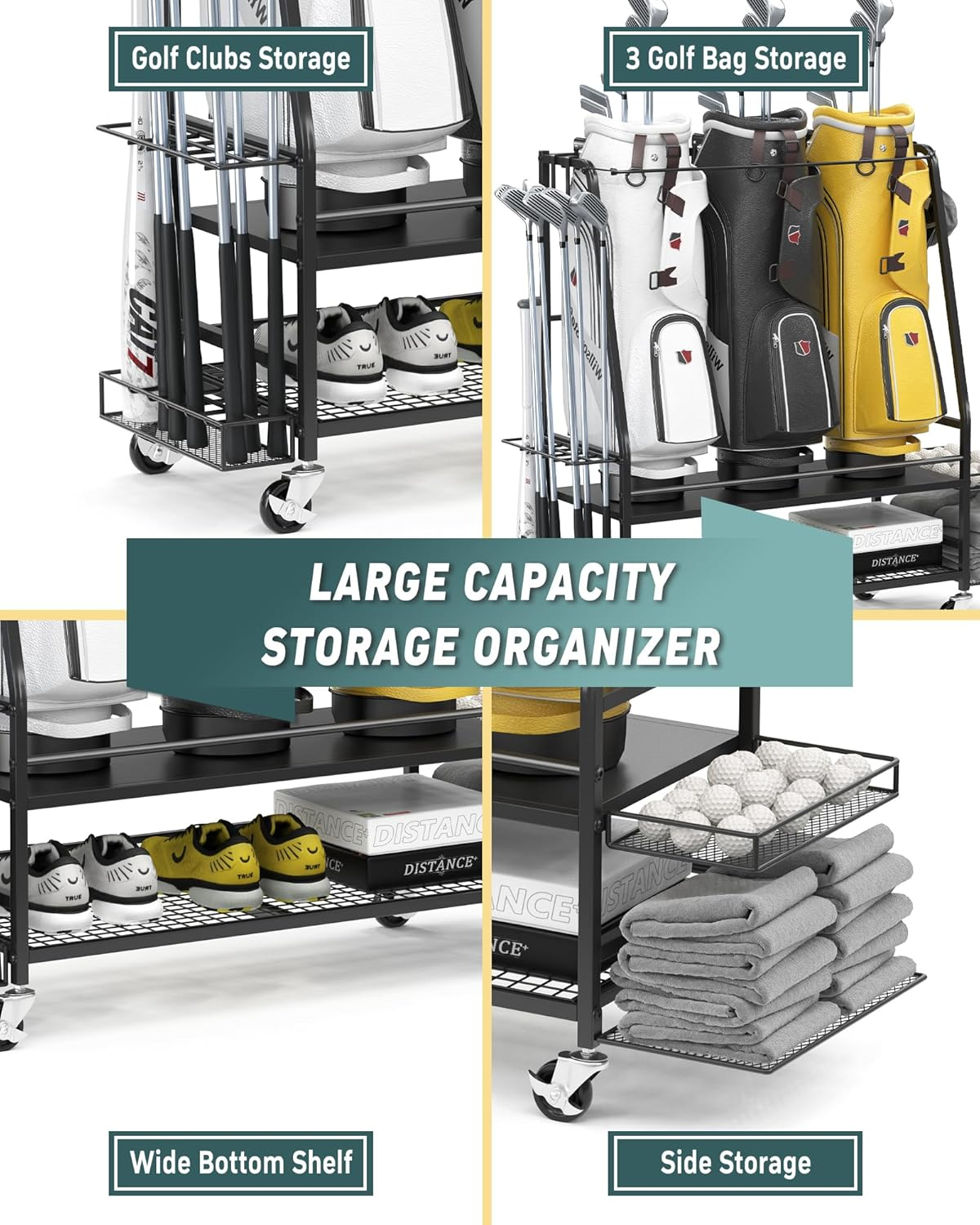 Golf Bag Storage Garage Organizer for 3 Golf Bags - Golf Bag Storage Rack for Garage - Golf Bag Organizer with 2 Side Shelves, Clubs Holder and Wheels - Golf Organizer for Golf Accessories image number 4