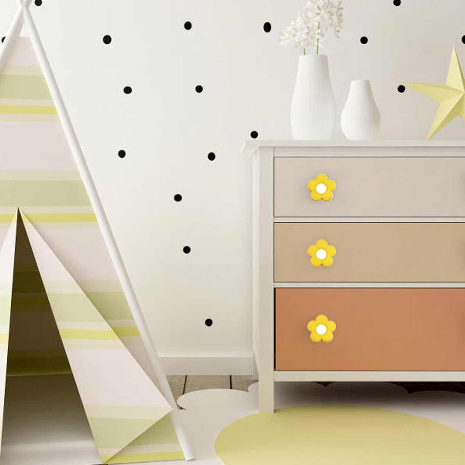 6Pcs Yellow Flower Shape Knobs - Soft Rubber Handles, Cabinet Drawer Pulls for Kids' Rooms & Closets, 1.8X1.8X0.85 Inch with Screws image number 2