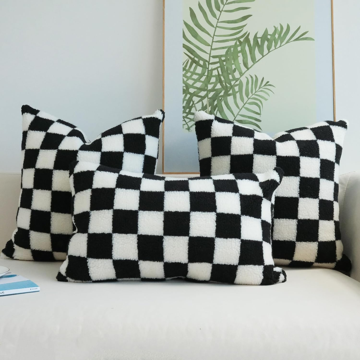 JOJUSIS Decorative Throw Pillow Covers Luxury Style Checkerboard Pattern Cushion Case Super Soft Faux Fur Wool Pillowcases for Couch Bedroom Pack of 2 (Black, 20 X 20-Inch)