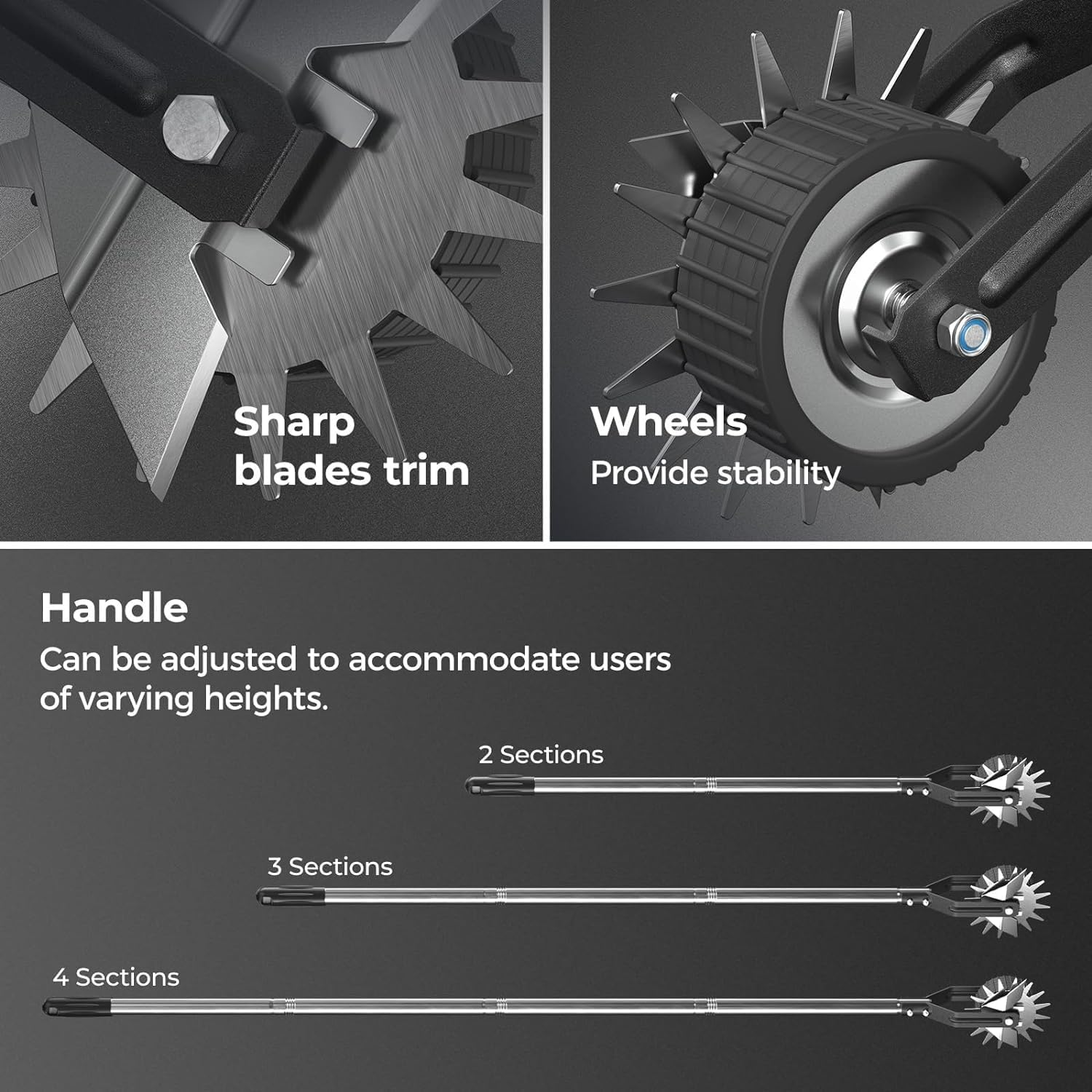 Sidewalk Manual Lawn Edger, Wheel Rotary Edger, Rotary Shear, Strong 4 Sections Stainless Steel Handle with Cushion Grip, 67.3-Inch/170Cm image number 4