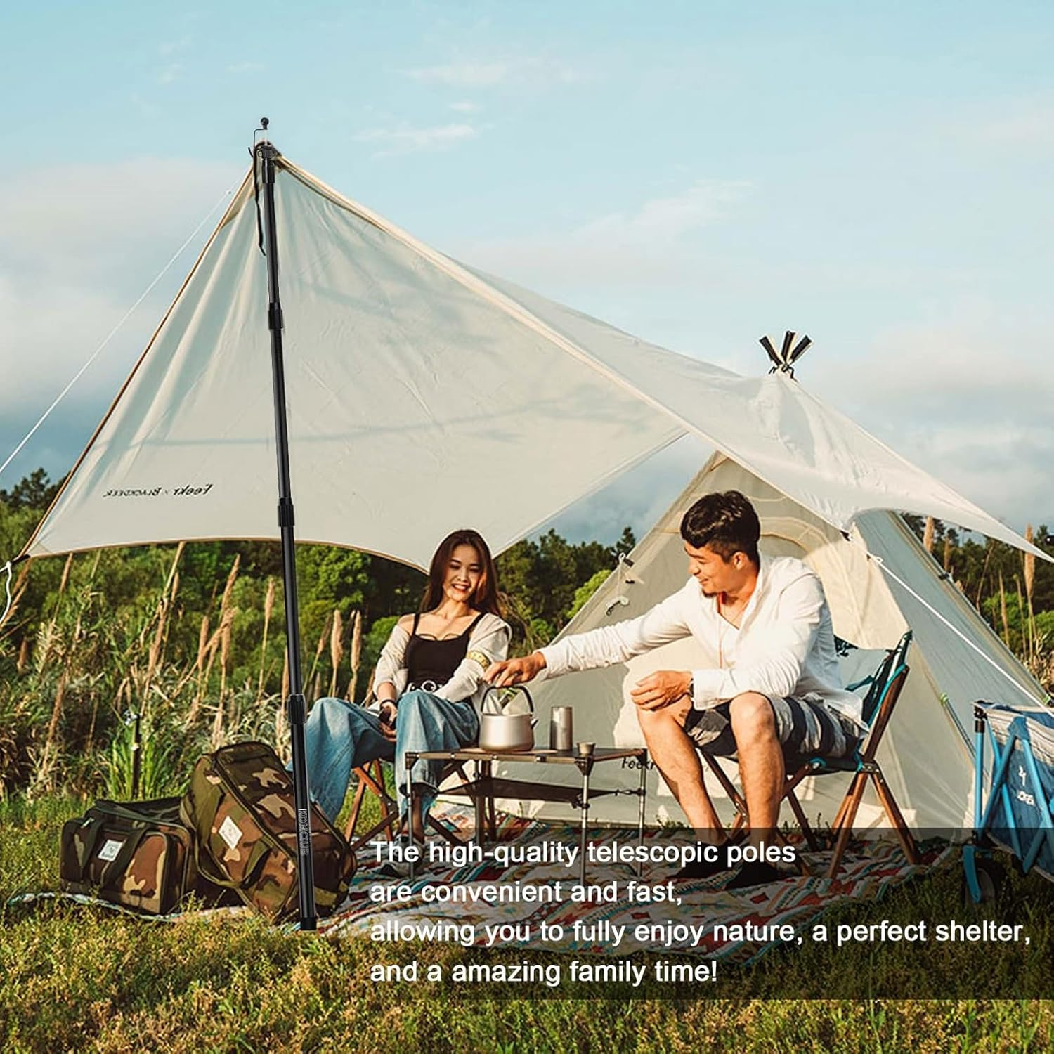 KOMCLUB Telescoping Tarp Poles,Adjustable Tent Poles for Tarp,Heavy-Duty Design,Portable & Lightweight Fiberglass Tent Poles for Shelter,Camping, Awning, 4 Sections Adjustable to 98.51 In(2Set of 4 image number 3