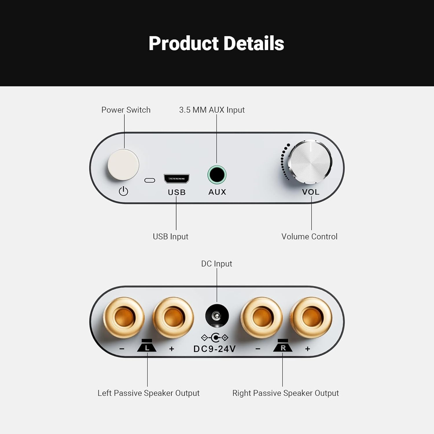 Fosi Audio ZK-1002D Mini Bluetooth Amplifier Hifi Stereo Wireless Audio Receiver Compact Power Amp 100W *2 Dual Channel Class D with AUX USB Inputs for Passive Speakers image number 3