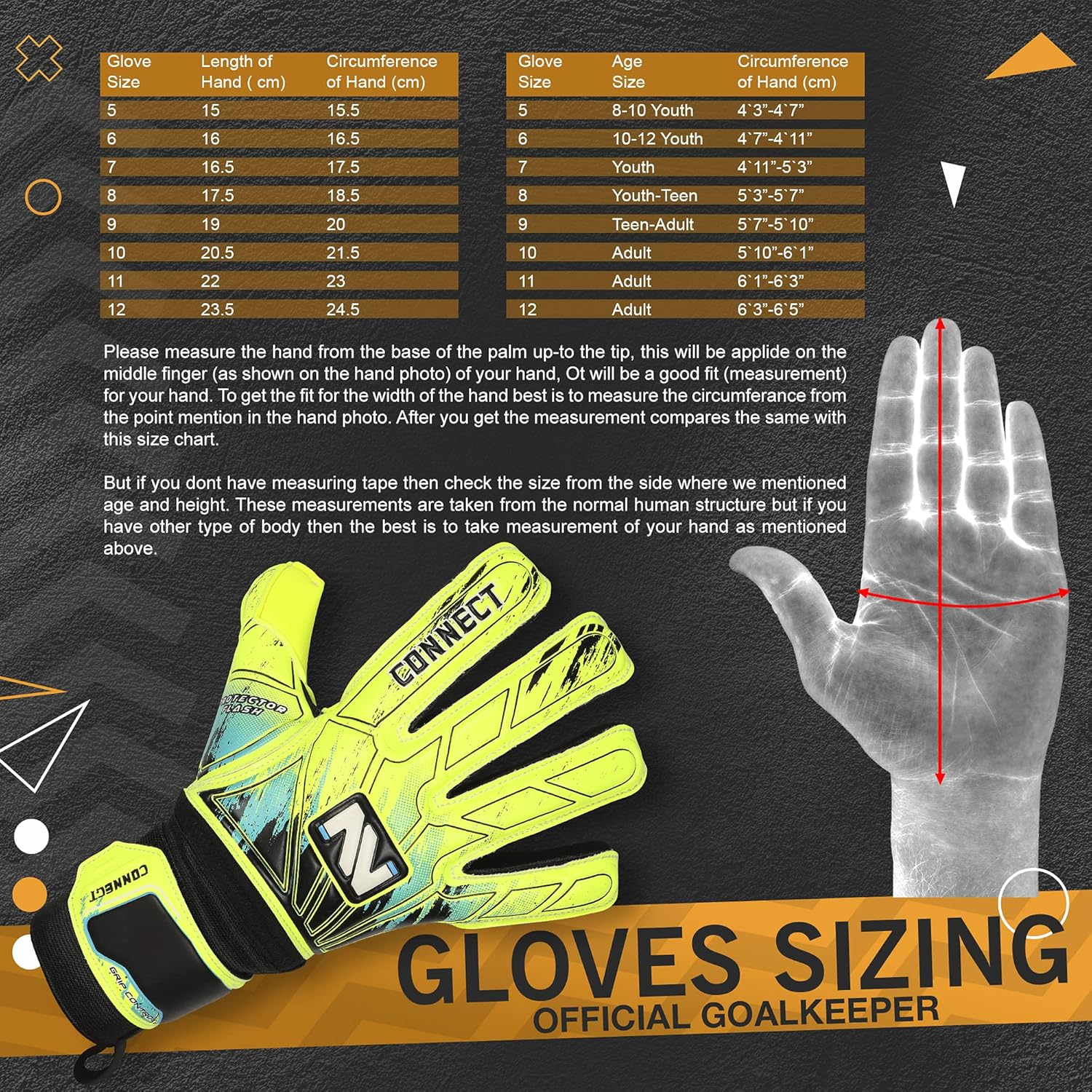 Connect Goalkeeper Gloves Premium Grip, Goalkeeper Gloves Kids, Youth & Adult, Football Gloves with Finger Support, Goalie Gloves, Goalkeeping Gloves Size 4/5/6/7/8/9/10 image number 2