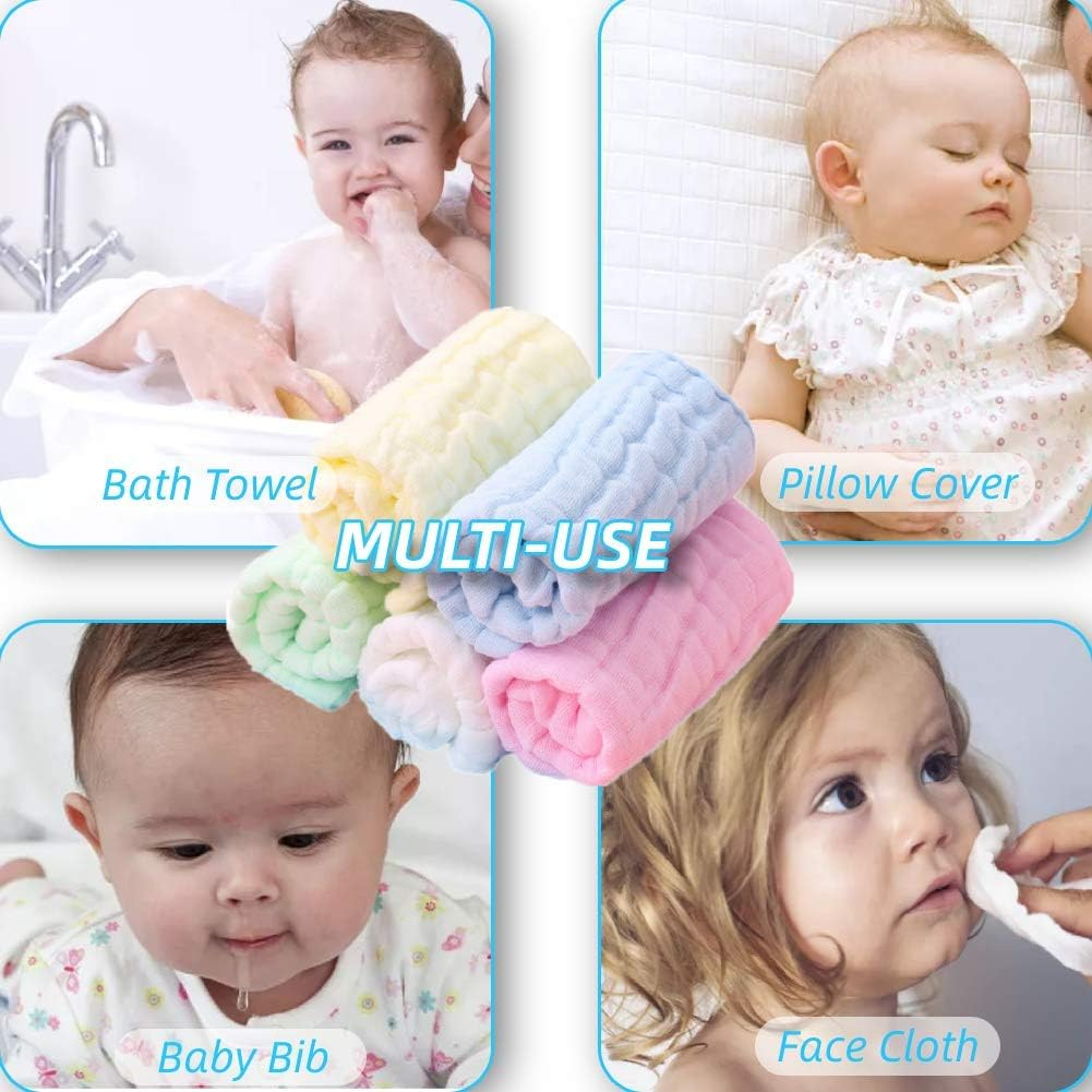 (Colorful) - 5PCS Premium Baby Muslin Washcloths, Super Soft Face Towel for Baby'S Delicate Skin, Natural Cotton 6 Layers, Comfortable Face Cloth, 25Cm X 25Cm Multicoloured
