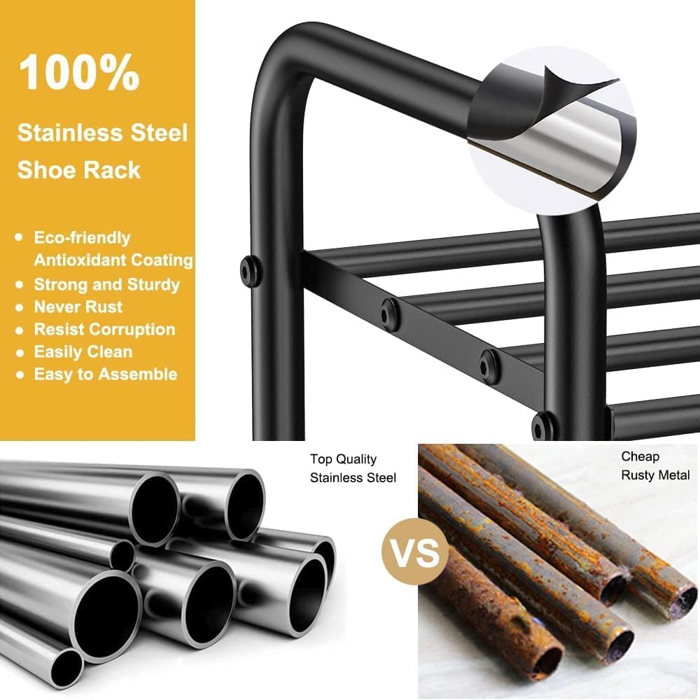 FANHAO 4-Tier Shoe Rack, 100% Stainless Steel Shoe Shelf Storage Organizer 12 Pairs for Bedroom, Closet, Entryway, Dorm Room, 68 X 26 X 65Cm (Matte Black)