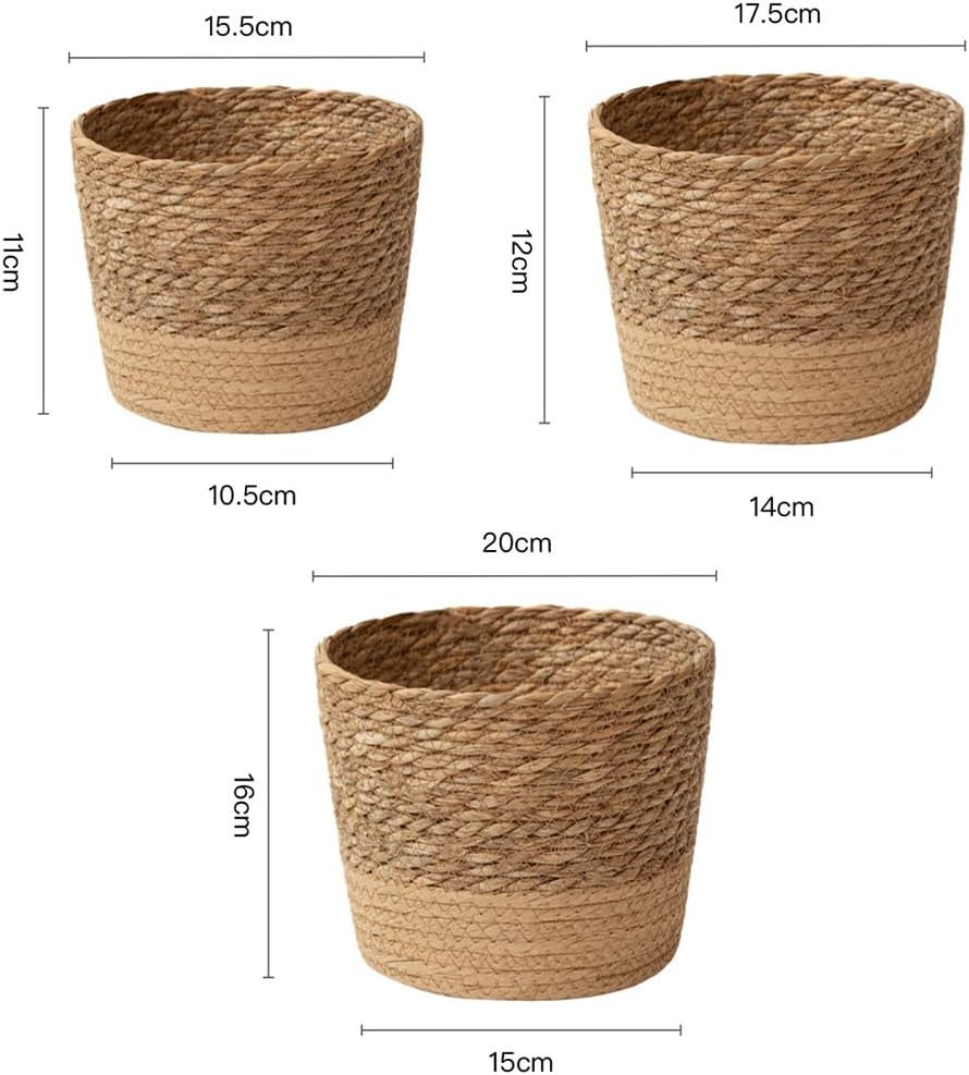 3 Pcs Handwoven Seagrass Planter with Waterproof Layer, Woven Tea Room Storage Baskets, Multi-Size Plant Pots &Organizer Bins, Rustic Coffee Brown Home Decor, for Living Room, Bedroom, Office image number 5