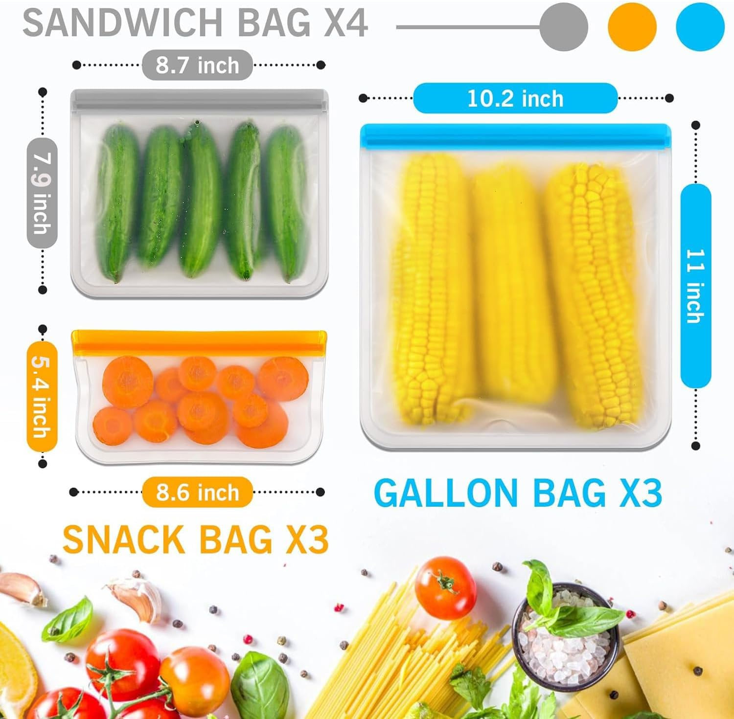 10 Pack Reusable Food Storage Bags, BPA Free PEVA Reusable Freezer Bags, Extra Thick & Leakproof, Silicone Bag with Zipper, 3 Sizes for Marinate Meats, Sandwich, Snack, Cereal, Travel Item image number 2