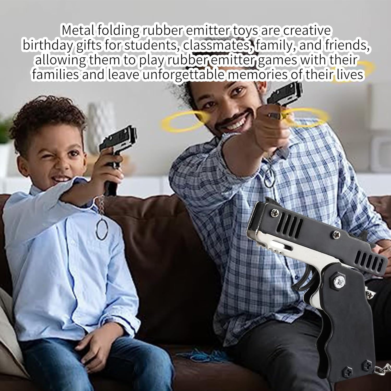 2Pcs Rubber Band Gun,Elastic Band Gun with 120 Pcs Soft Elastic Rubber Bands Metal Folding Rubber Launcher Toy Keychain for Teens Adults Shooting Outdoor Indoor Activities Game(Black)