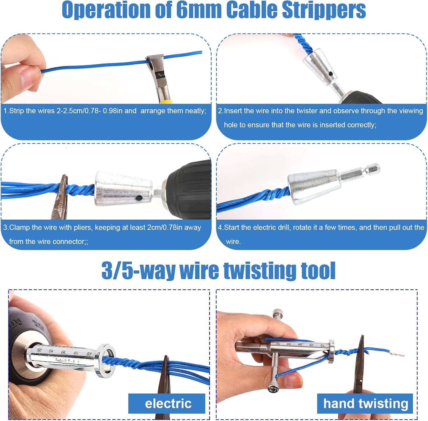 3Pcs Wire Twisting Tool, Wire Twisting Spinner with 4Pcs Screws, 3 Way/ 5 Way Wire Stripping Tool & 6Mm Hex Shank Cable Twister Electrical Wire Twister Connector for Power Drill Drivers Attachment image number 5
