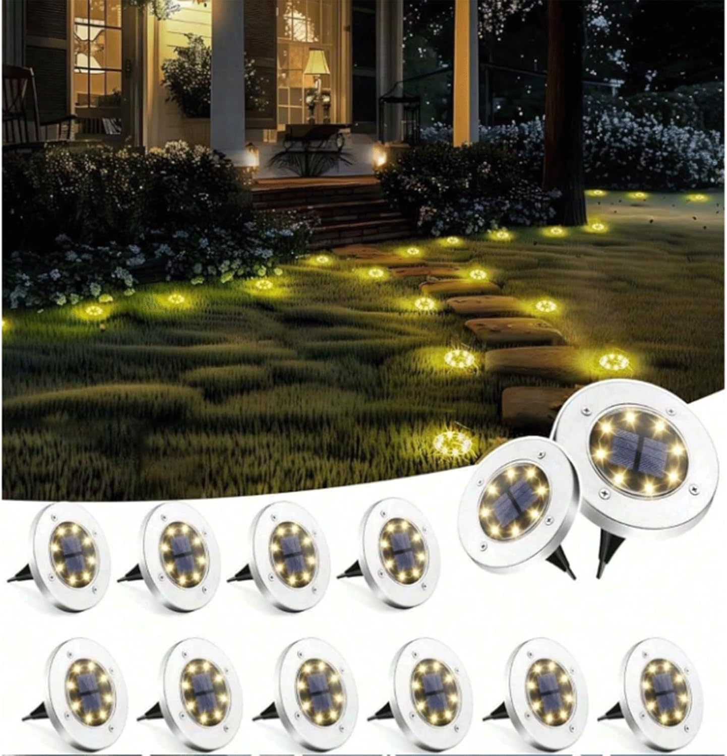 12Pack Solar Ground Lights, 10 LED Waterproof Garden Lights Outdoor Bright In-Ground, Lights Landscape Lighting for Pathway Patio Walkway Yard Lawn(Warm White) image number 6