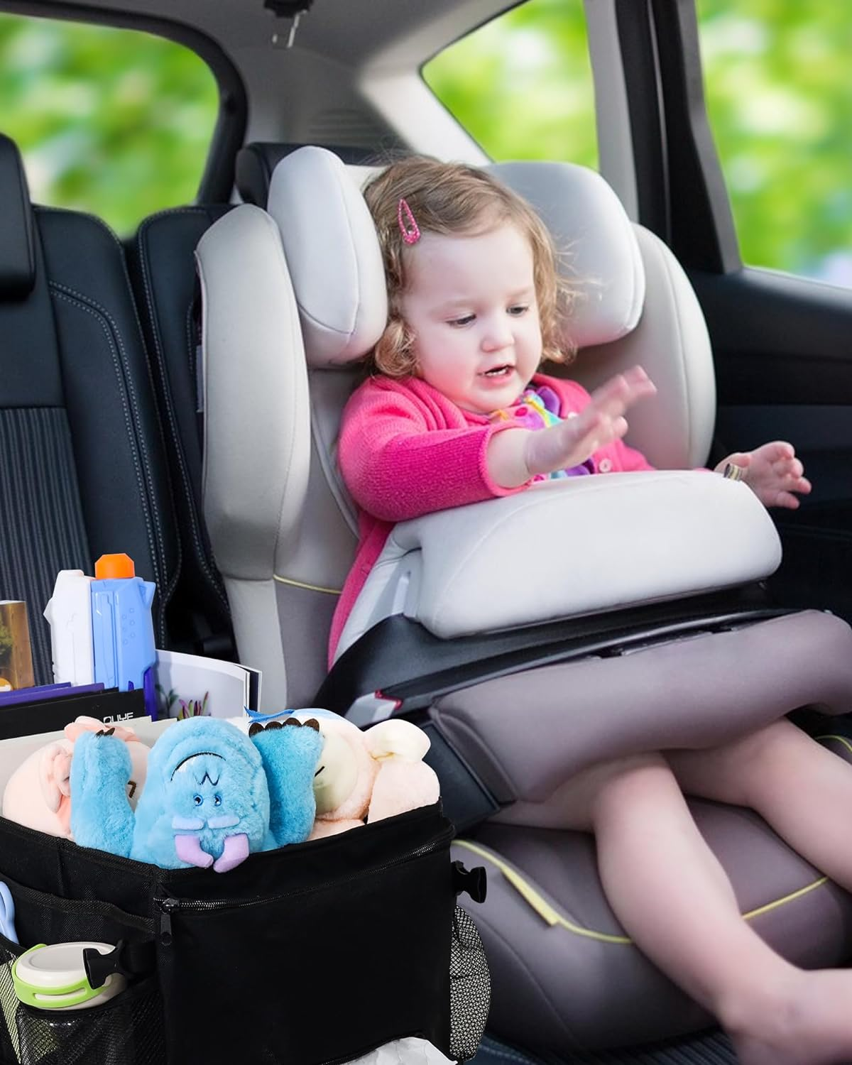 Car Organiser for Front and Back Seat - Keep Your Car Tidy and Organised with Multiple Pockets, Cup Holders, and Adjustable Dividers for Toys, Books, Snacks, Water Cups, Umbrellas, Baby Bottles. image number 1