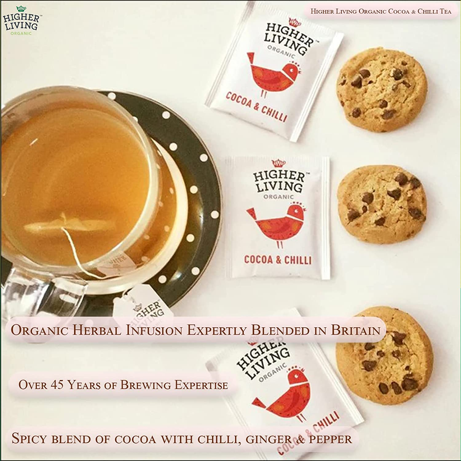 Higher Living Organic Cocoa and Chilli Tea 15 Teabags image number 3