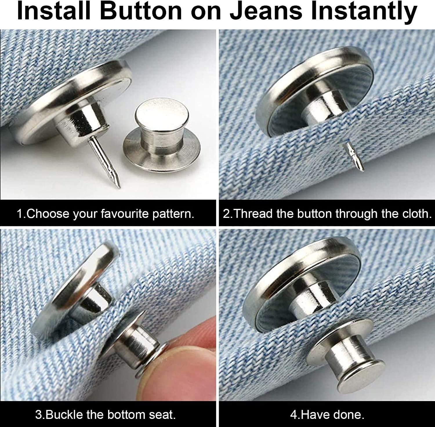 JIUJIU Button Pins for Jeans, No Sew and No Tools Instant Jean Button Pins for Pants, 4 Sets Replacement Buttons, Simple Installation, Reusable and Adjustable image number 5