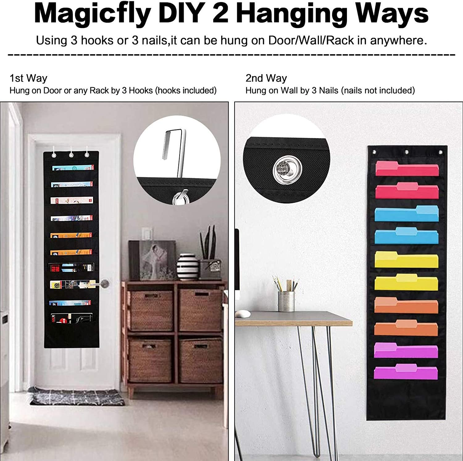 Black Storage Pocket Chart with 10 Pockets 3 over Door Hangers Included Hanging Wall File Organize image number 3
