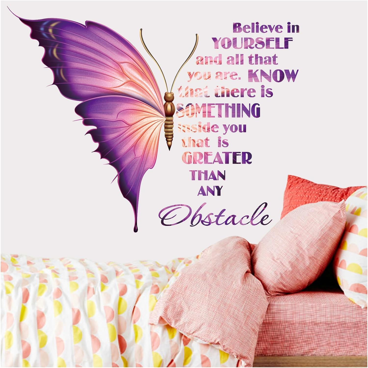 Large Inspirational Butterfly Believe in Yourself Quote Wall Decals Stickers, Motivational Saying Positive Peel and Stick Wall Art Decals for Girls, Positive Phrase Women Home Kitchen Decor image number 1
