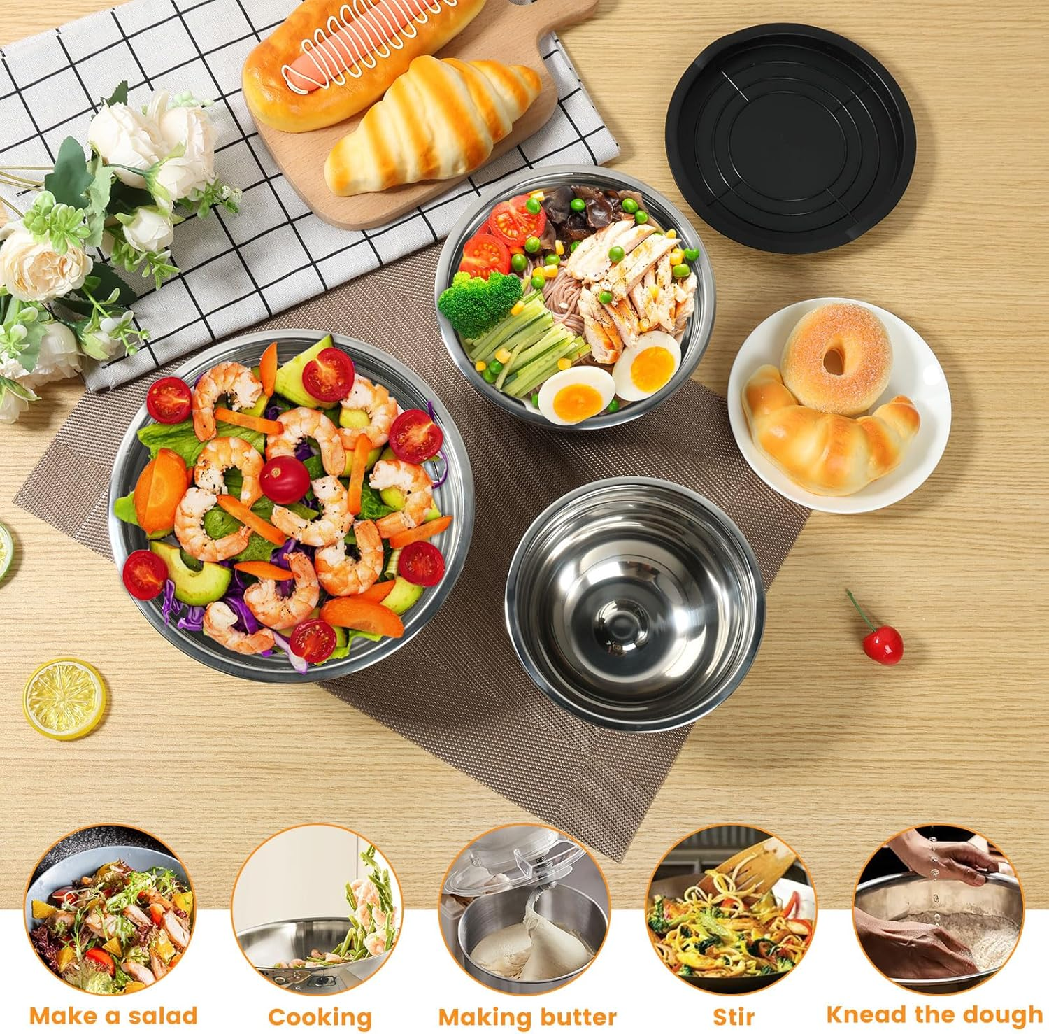 Set of 5 Mixing Bowls with Lids Stackable Stainless Steel Nesting Bowls with Non-Slip Bottoms for Kitchen Mixing Baking Prepping Cooking Serving (Set of 5) image number 3