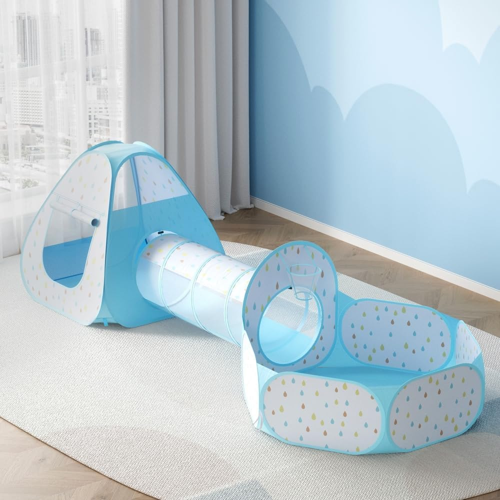 KEEZI Kids Play Tent Pop up Playhouse Ball Pit Tunnel Basketball Hoop Blue image number 2
