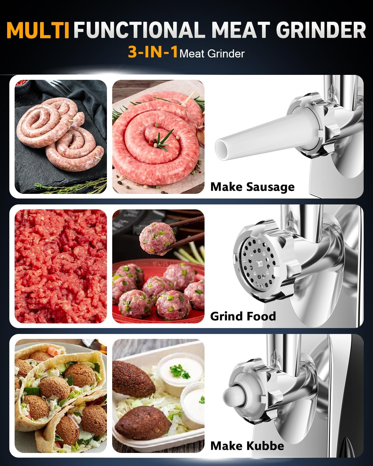 Electric Meat Grinder: [3000W Superior Motor] [Exquisite Box] Hachoir &Agrave; Viande with 6 PCS Stainless Steel Blades & Grinding Plates, Sausage Stuffer Tubes & Kubbe Kit Portable Handle for Gift(Black) image number 6