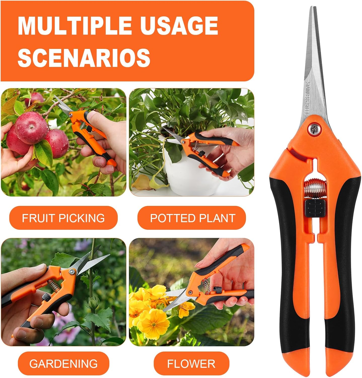 Wevove Pruning Shears, Garden Shears,6.5 Inch Gardening Scissors Hand Pruner with Straight Precision Stainless Steel Blades 1Pack(Orange) image number 2