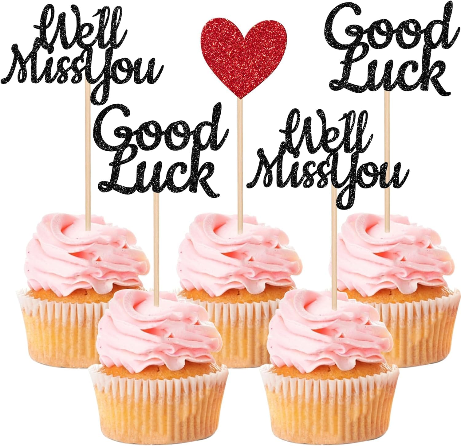 24 Pack We Will Miss You Cupcake Toppers Glitter Red Love Heart Good Luck Cupcake Picks Retirement Theme Going Away Party Cake Decorations (Black) image number 6