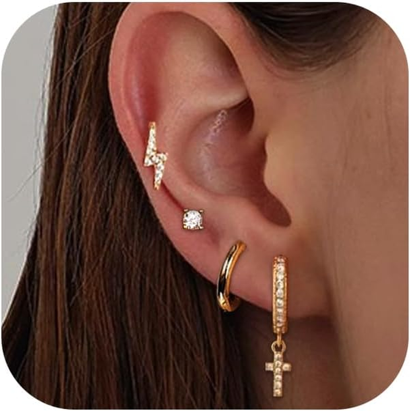 Earring Sets for Multiple Piercing Cartilage Stud Earrings for Women Hypoallergenic Dainty Gold Earrings 14K Gold Plated Earring Stack Trendy Small Huggie Hoop Earrings image number 3