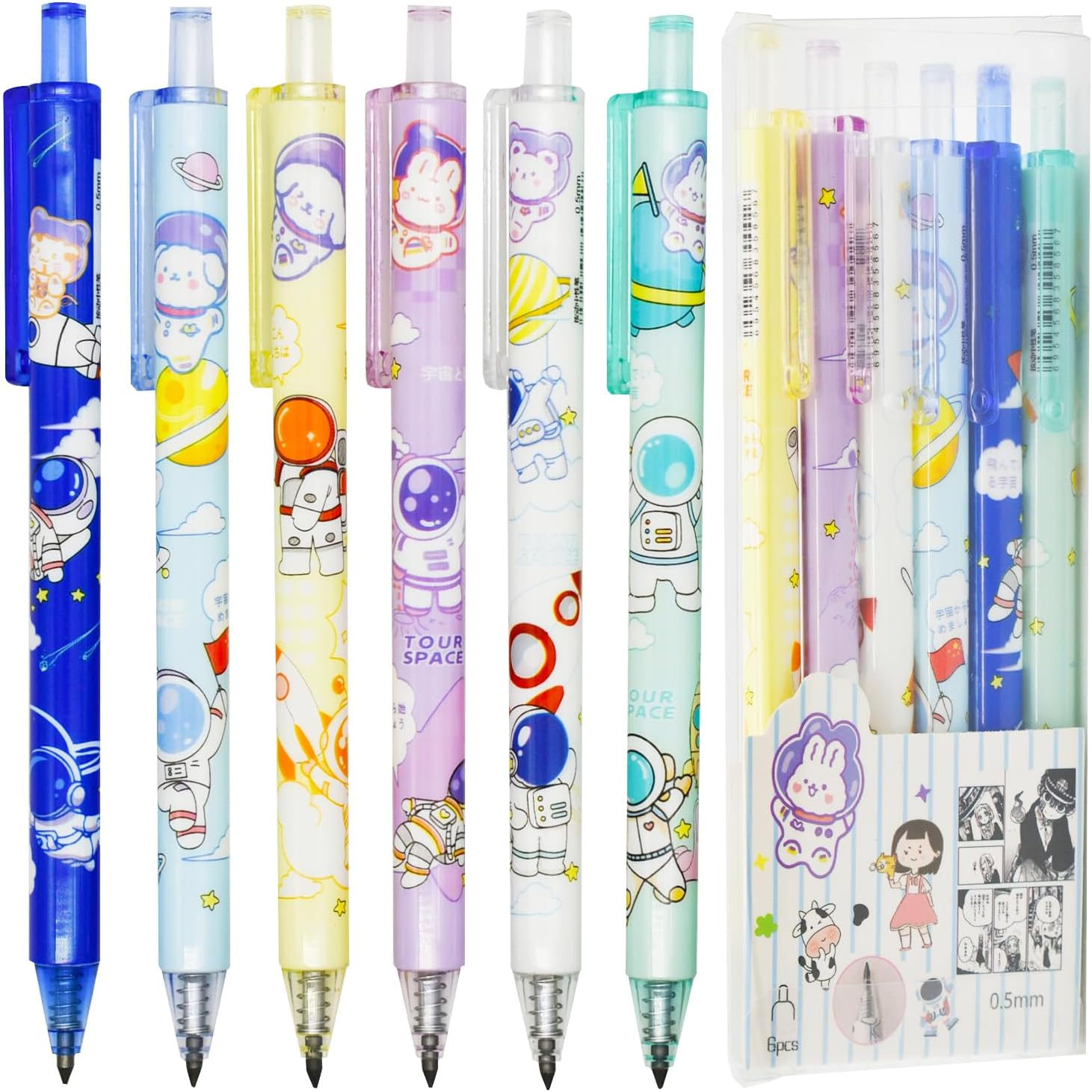 Maydahui 12Pcs Colorful Outer Space Eternal Pencils Retractable HB 0.5Mm Cartoon Planets Spaceman Rocket Inifity Pencil Magic Forever Pencil for School Office Supplies Goodie Bags