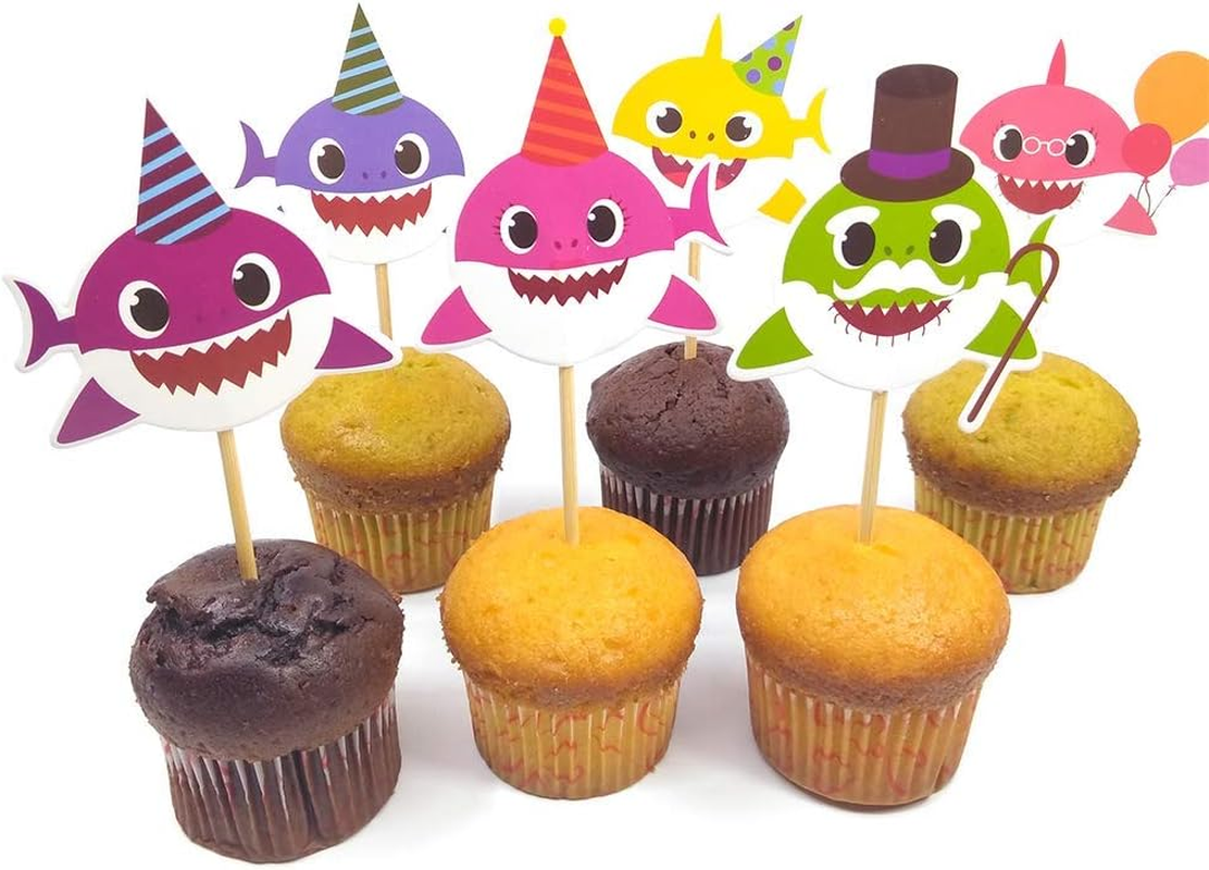 Baby Shark Birthday Cake Topper, Cute Shark Cupcake Toppers for Childrens Party, Doo Doo Baby Shower Cake Supplies and Decoration for 1St Kid Birthday with Card Board