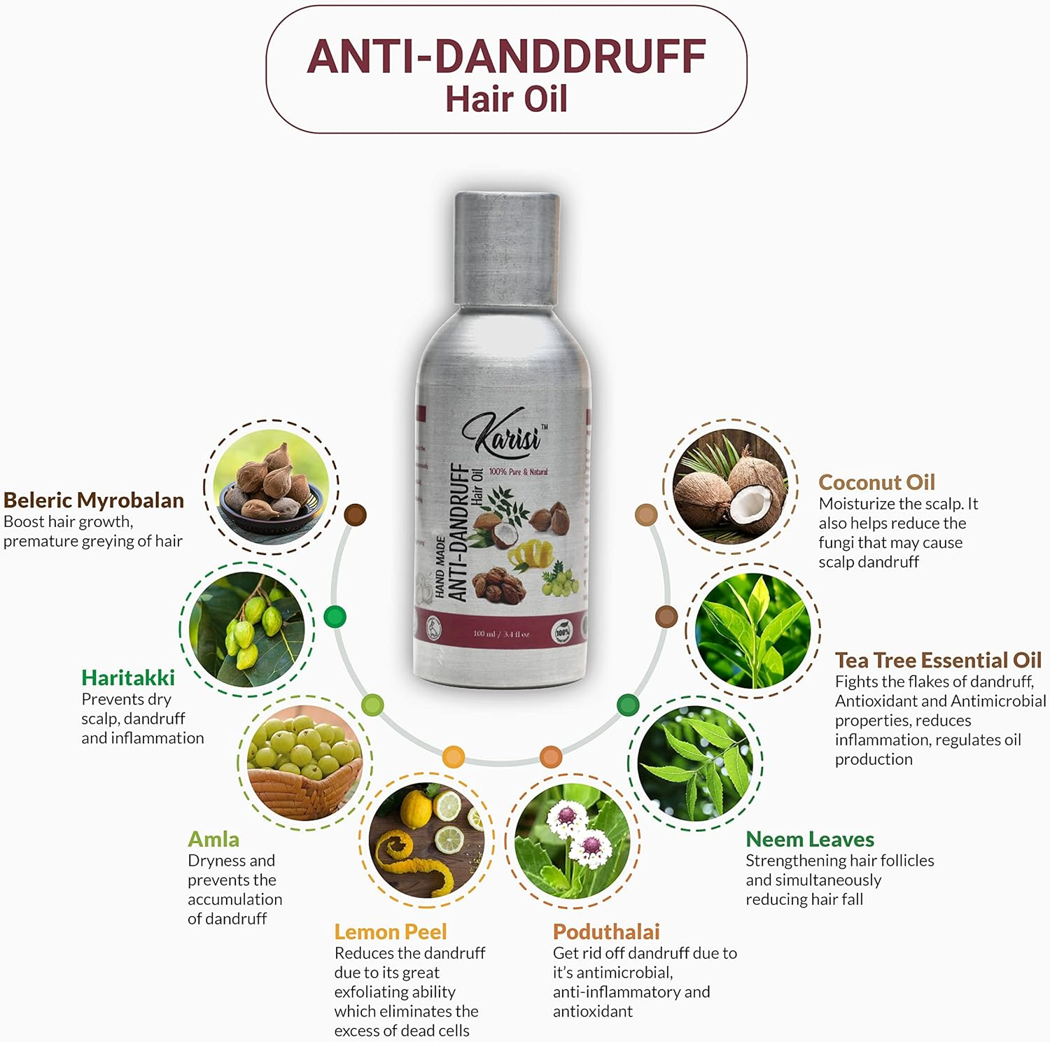 Handmade Anti-Dandruff Hair Oil - Enhanced with Neem, Lemon, Amla, Tea Tree Oil, Dandruff Hair Oil for Men & Women, 100 ML image number 3