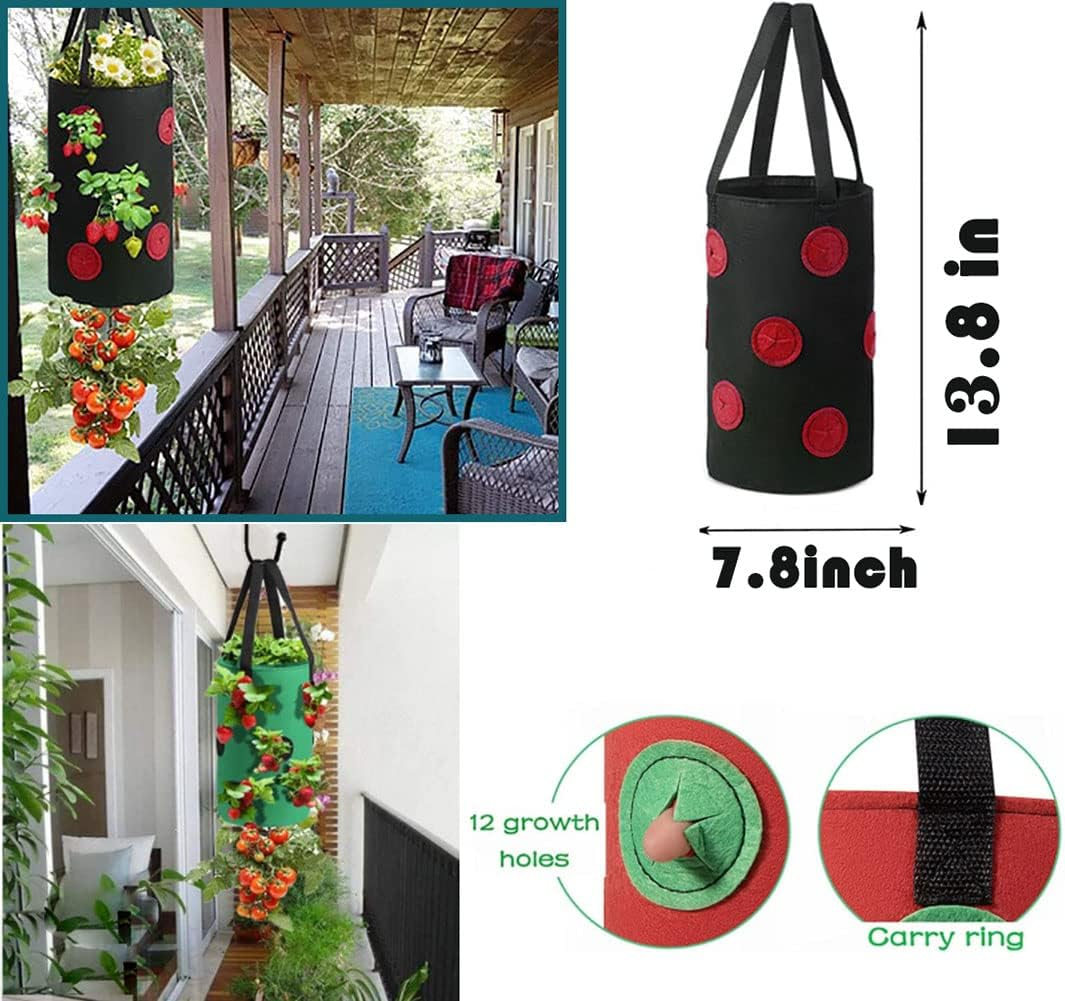4 Pcs Upside down Strawberry Planter 3 Gallon Hanging Strawberry Planter Bags and 4 Hooks, Sturdy Hanging Handle Thickened Breathable Felt Cloth for Herb Tomato Hot Peppers Vegetables (4Pcs 3Gal) image number 3