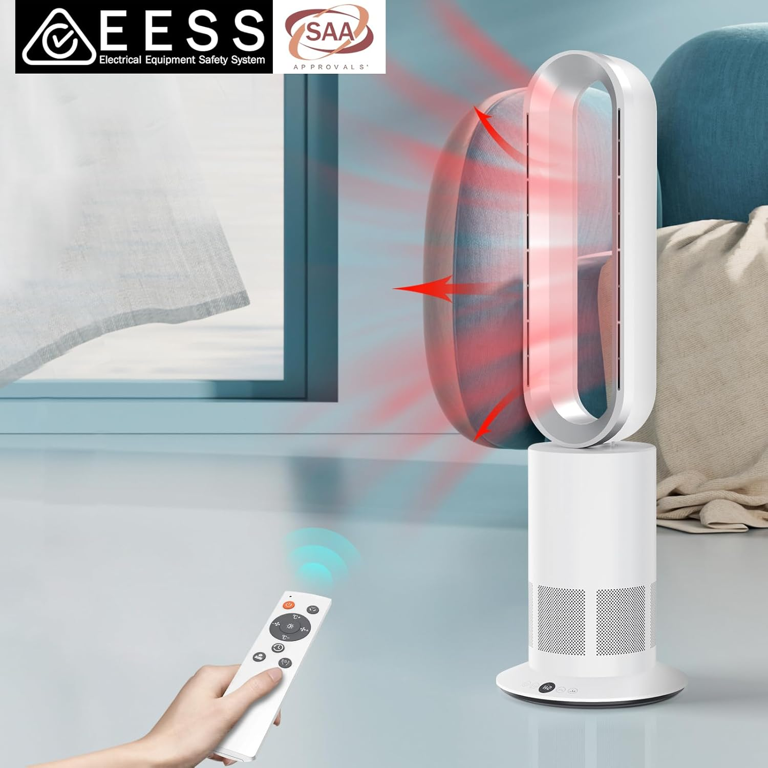 ANGELO Electric Bladeless Heat & Nature-Cool Air Floor Fan Timer Remote Touch Control Oscillation Tilt Fan 10 Wind Speeds LED Touch Control (White) image number 6