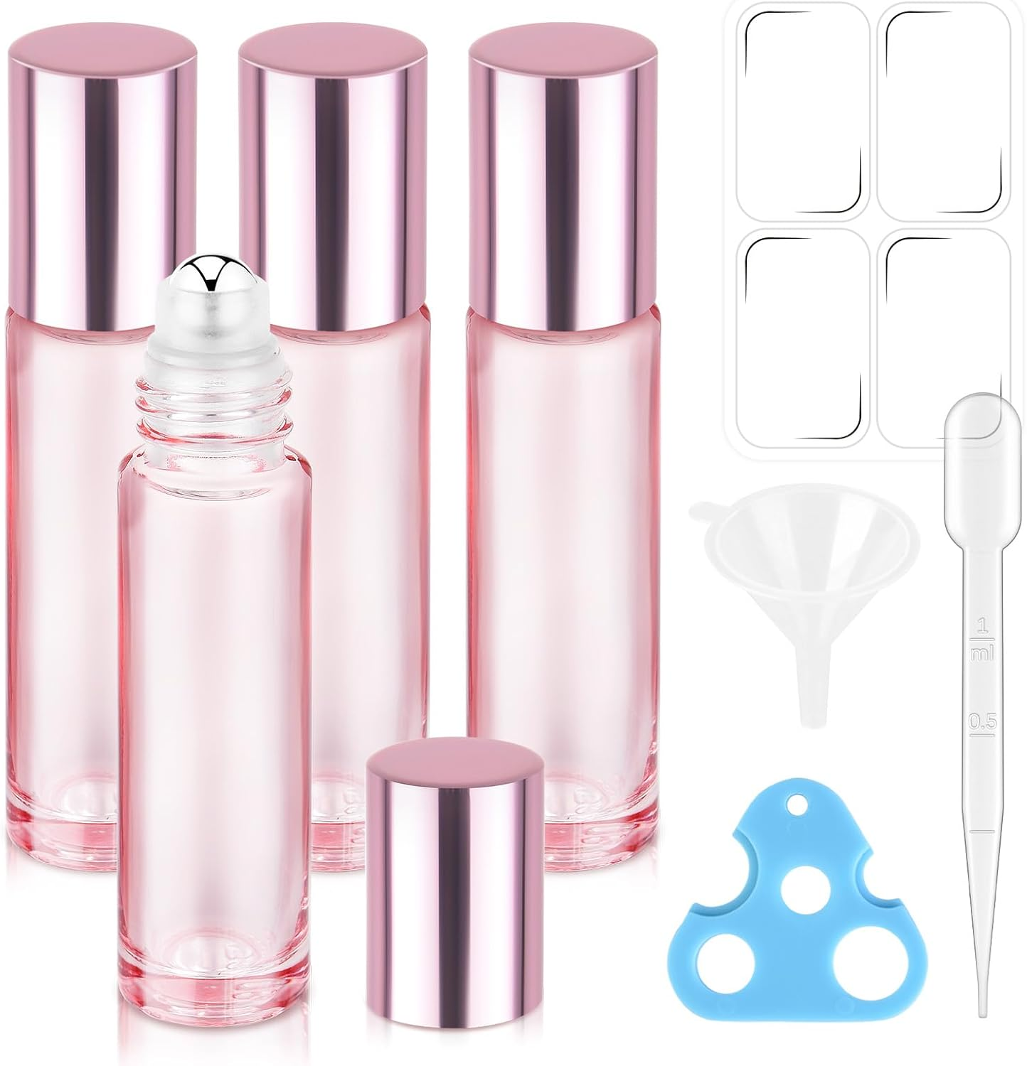 4 Pack Pink Glass Essential Oil Roller Bottles, 10Ml Empty Refillable Rollerballs with Pink Caps - Travel Roll-On Containers for Perfume & Essential Oils