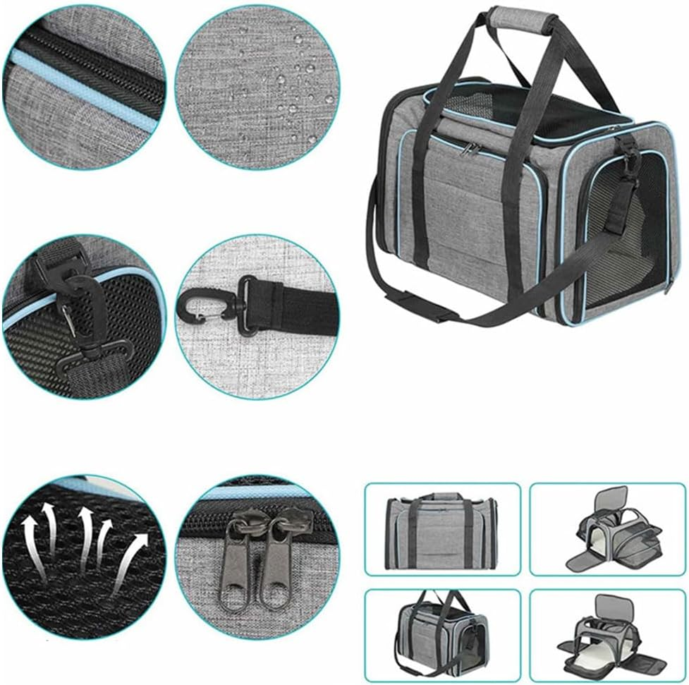 Expandable Pet Carrier, Hand-Held Foldable with Mesh Pocket, Large Capacity Pet Travel Bag with Fleece Pad, Suitable for Kittens, Rabbits, Puppies and Small Animals. (Gray Green)