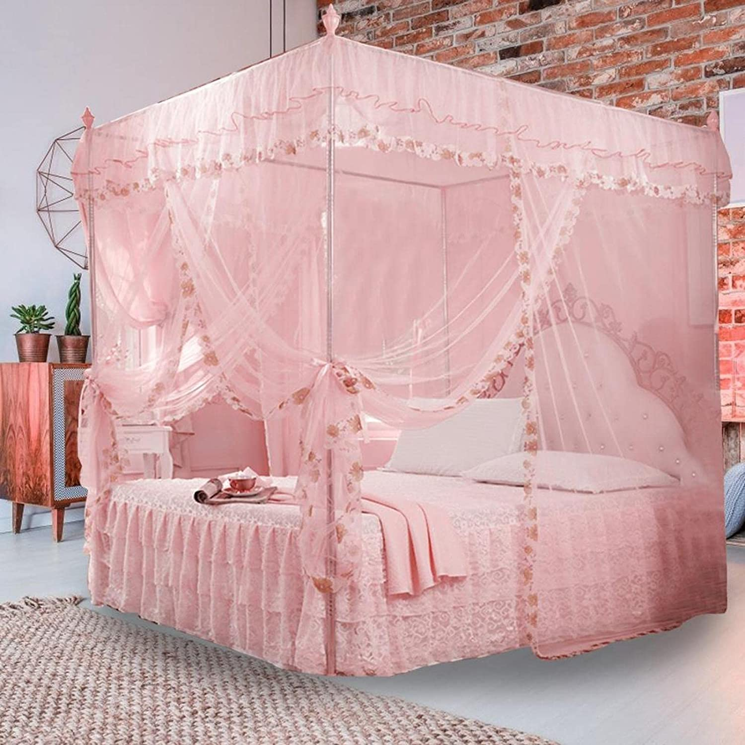 4 Corner Post Mosquito Net, Princess Bed Canopy, Breathable Bed Curtain Full Queen Size Bedroom Decoration #20 (150 * 200 * 200-Pink) image number 1