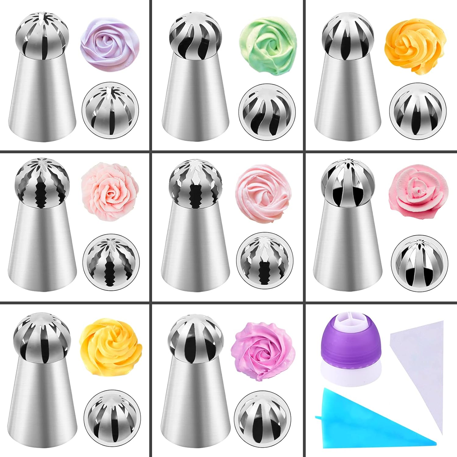 42 Pcs Russian Piping Tips Set, 8 Nozzles Flower Frosting Icing Tips Russian Ball Piping Tips for Cake Decorating Kit, 2 Couplers 30 Pastry Baking Bags 1 Cleaning Brush, 1 Reusable Silicone Bag - Silver image number 4