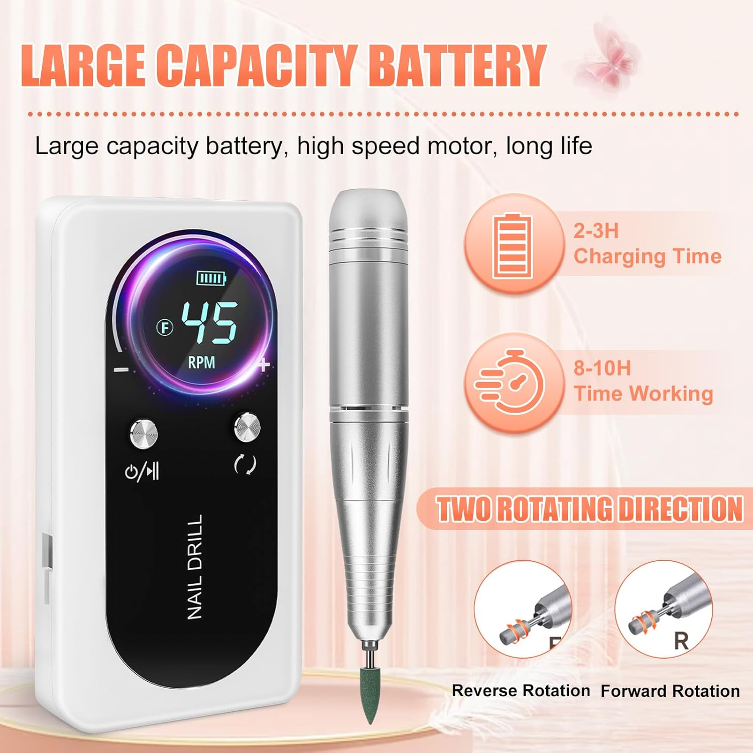 Electric Nail Cutter with 2000 Mah Battery, 45000 RPM Portable Electric Nail File with 80 Sanding Belts, 17 Bits, 2 Nail Files, 1 Nail Buffer and 1 Soft Brush, for Home Salon (White)