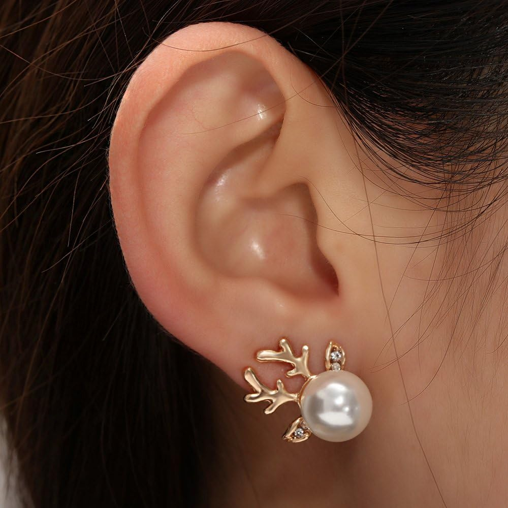 ROSTIVO Christmas Earrings for Women Stud Earrings Cute Faux Pearl Antler Earrings (Gold)