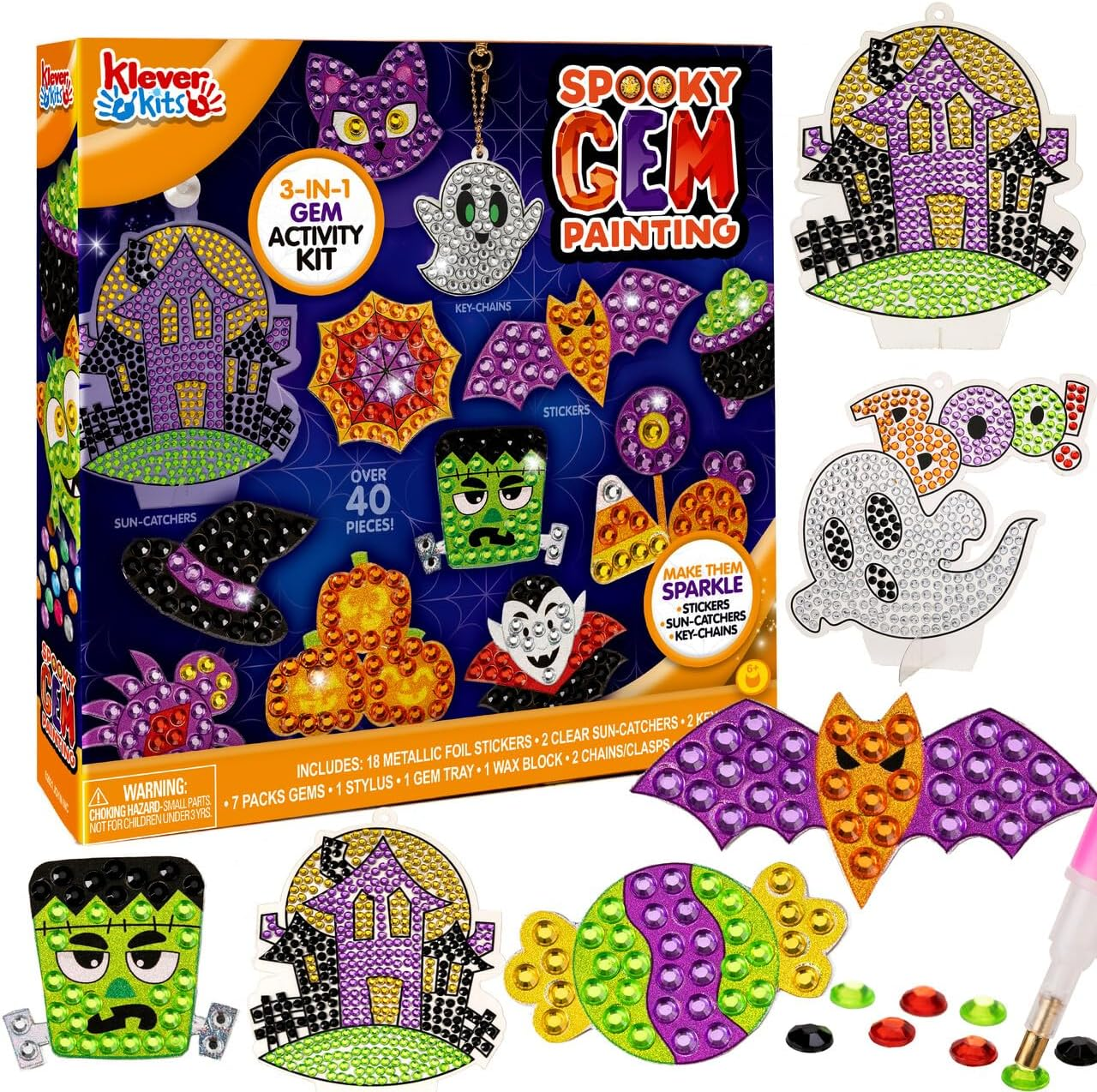 Klever Kits Halloween Gem Art Kit, Kids Halloween Crafts Party Supplies, Diamond Painting Kit with Stickers, Suncatchers, and Keychains, Party Favor DIY Activities School Game Goodies Gift image number 2