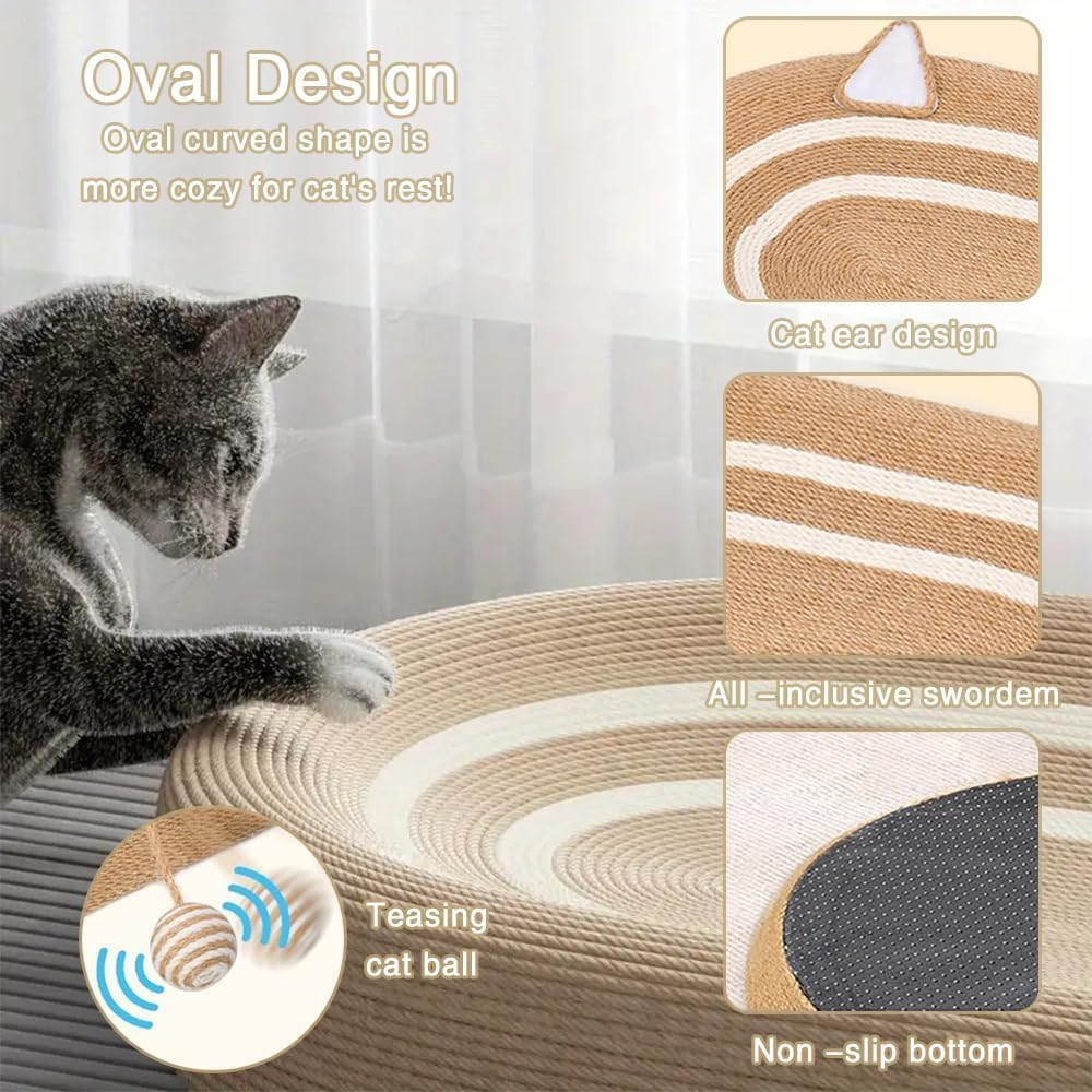 Oval Cat Scratch Board, Braided Sisal Rope Cat Scratching Board, Oversized Cat Scratch Bed with Cat Ball for Indoor Cats, Cat Scratching Toy for Playing/Resting/Scratching