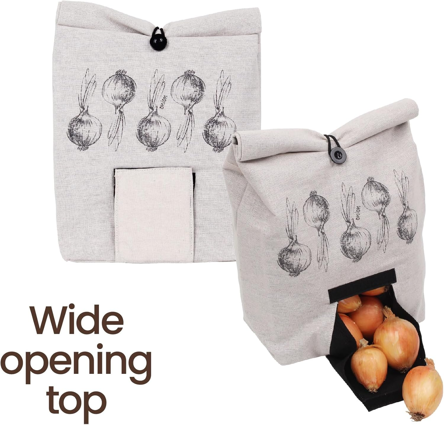 Eco Basics Onion Bag &ndash; Breathable Linen-Look Fabric, Blackout Lining, Easy Access Front Flap, Roll-Over Button Tie, 37 X 42 Cm, Ideal for Fresh Onion Storage & Reduced Waste image number 5