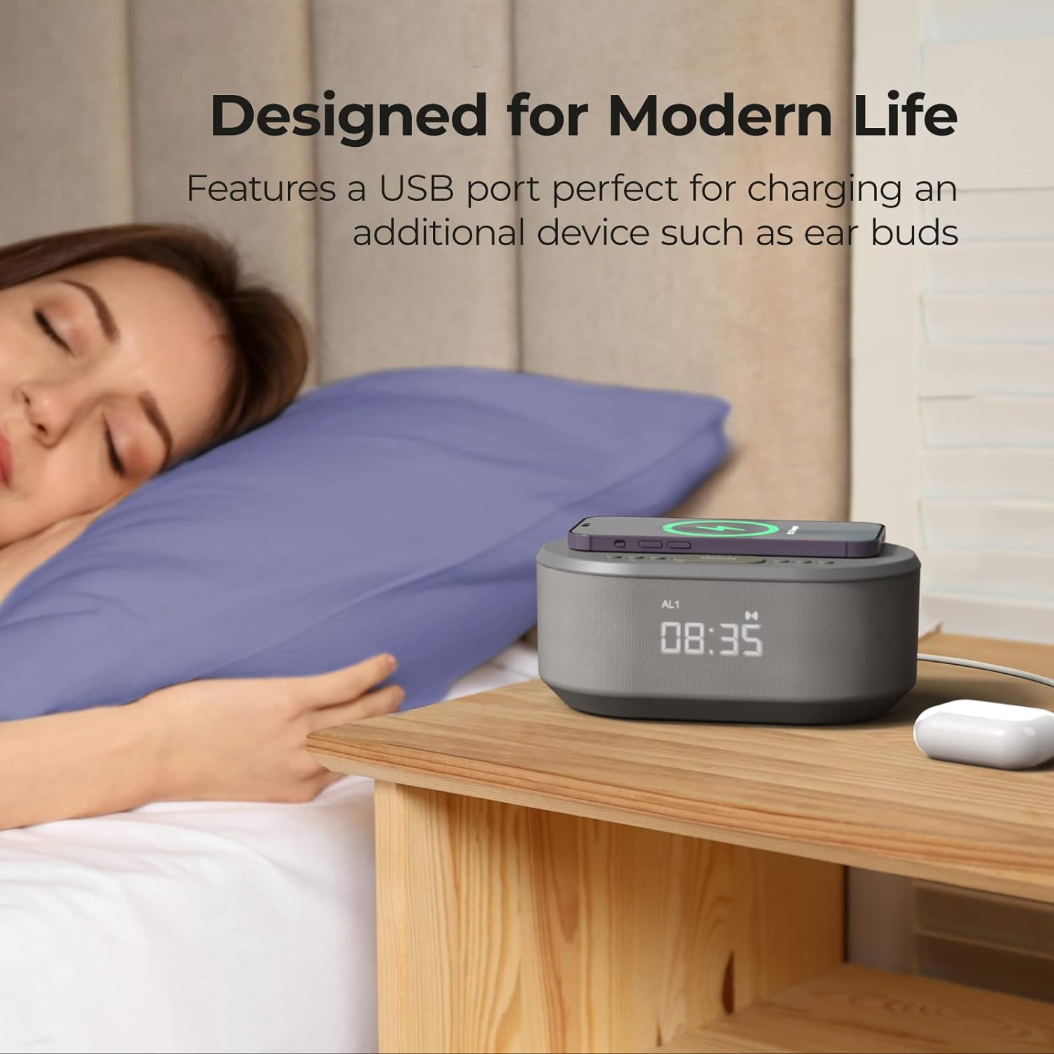 I-Box Bedside Wireless Charging Non Ticking Radio Alarm Clock with Dimmable LED Display - Mains Powered Dual Alarm Clock with USB Charger and Bluetooth Speaker, Grey image number 1