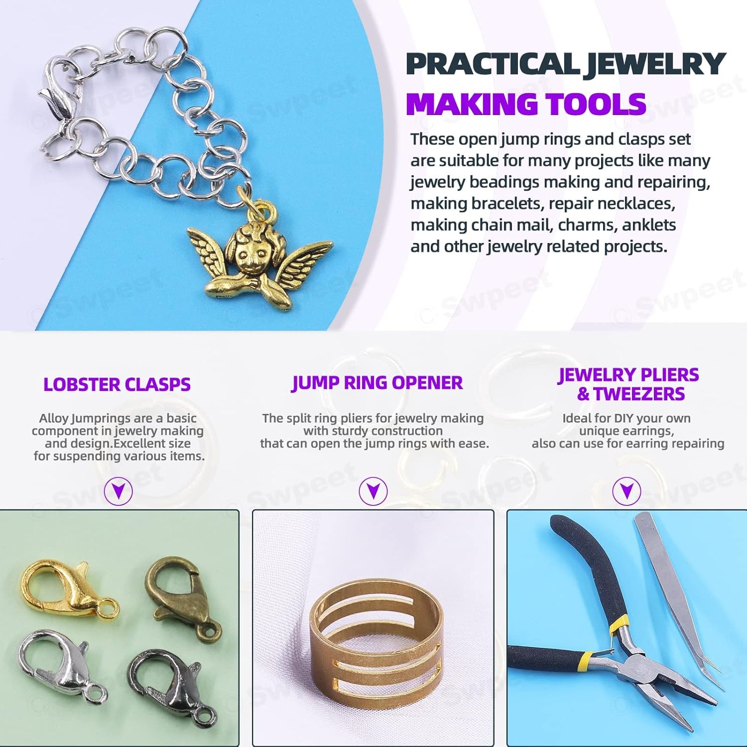 Swpeet 2724Pcs 4Mm 5Mm 6Mm 8Mm 10Mm Open Jump Rings and Lobster Clasps with Jewelry Repair Tools Assortment Kit, Including Waxed Necklace Cords, 12Mm Lobster Clasps, Tibetan Silver Pendant image number 3