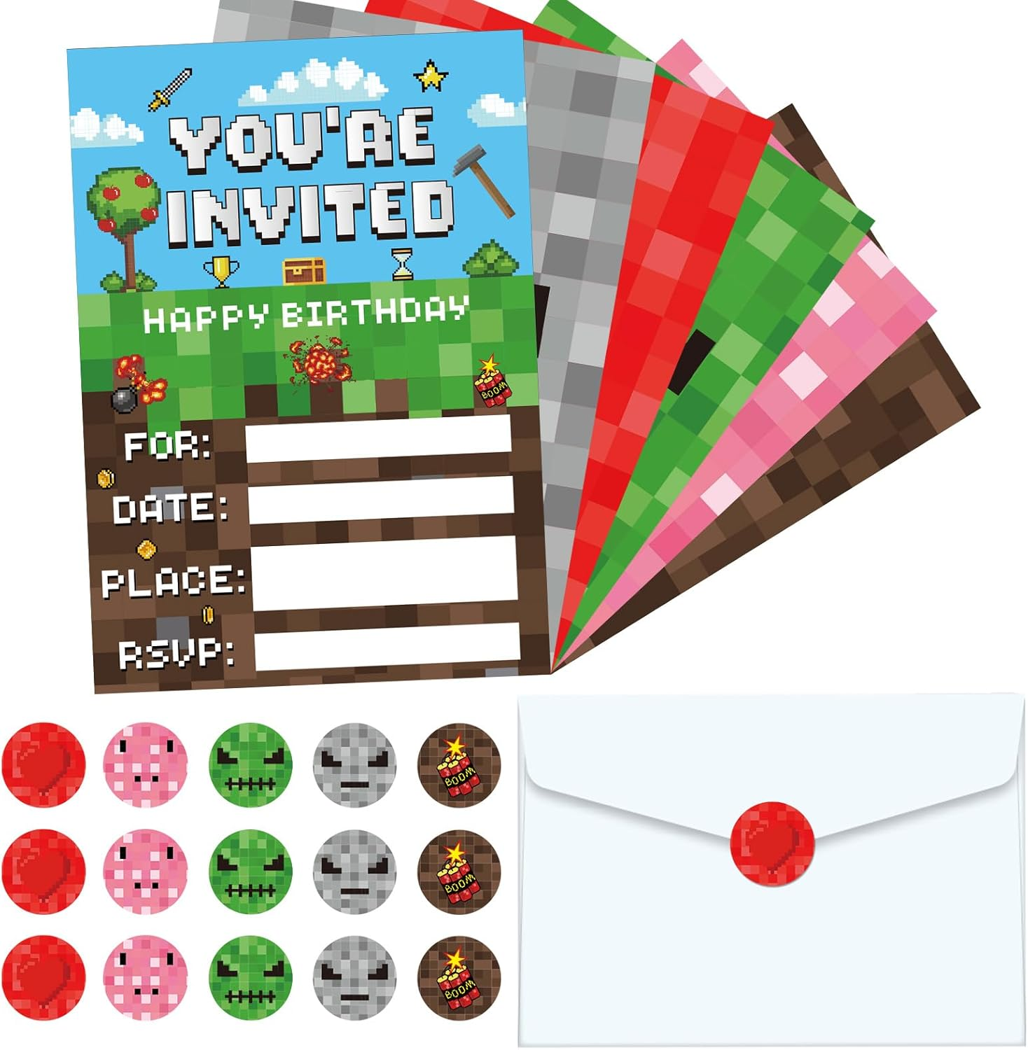 30 Sets Pixel Party Invitations with Envelopes Sticker Video Game Themed Party Invitations Invite Card Vintage Style Design for Kids Teens Adults Pixel Theme Party Favors Video Game Party Decorations image number 3